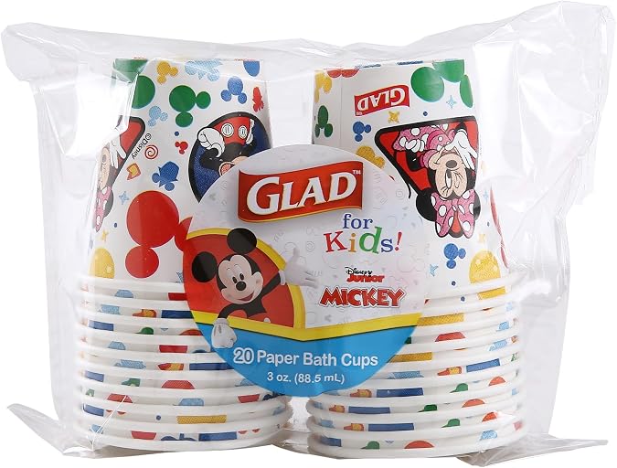Glad for Kids Disney Mickey and Friends Disposable Mini Paper Cups Mickey Mouse 3 OZ Soak-Proof Bathroom Rinse Cups 20 Count