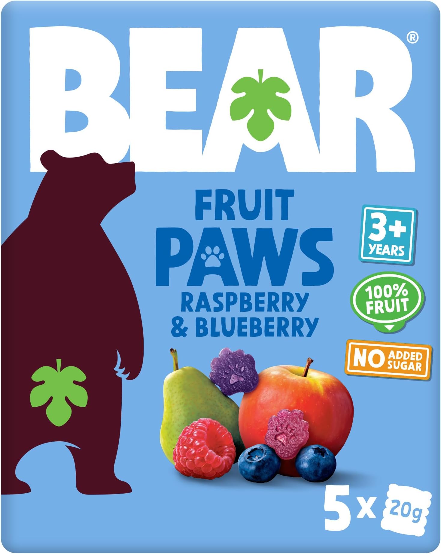 BEAR Raspberry & Blueberry Paws - Delicious Real Fruit - Suitable for 12+ Months - Healthy - 5 x 20g