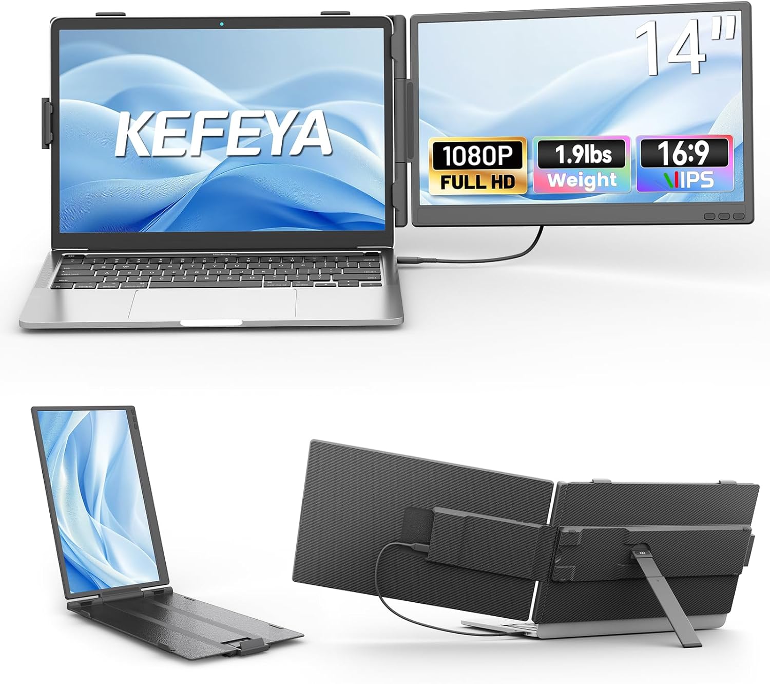 KEFEYA Laptop Screen Extender, 14" FHD 1080P IPS Dual Laptop Monitor Extender, Portable Monitor Plug & Play USB-C/HDMI/USB-A for 13"-17" Laptops, Work with Windows/MacBook/Switch/PS5
