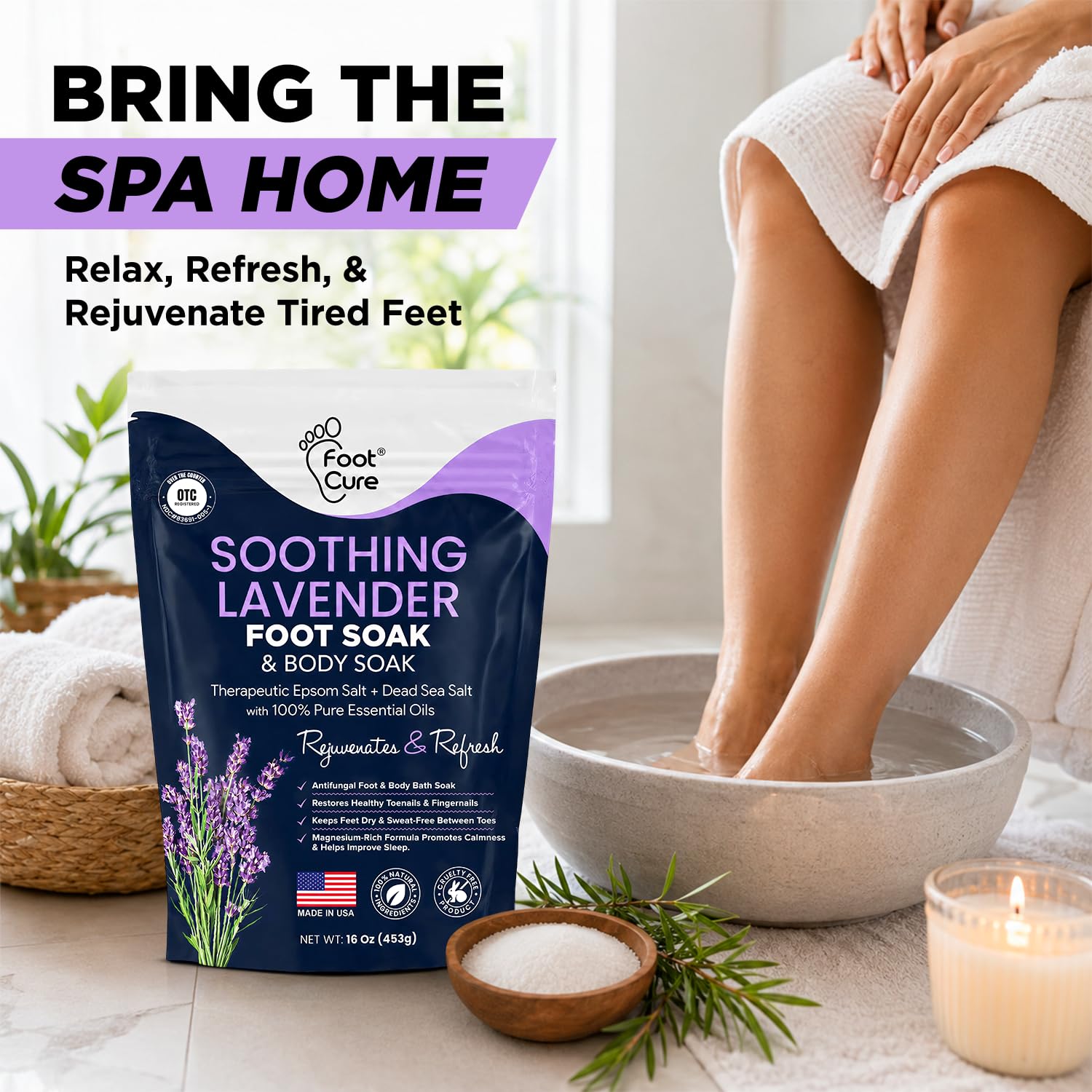 Soothing Lavender Foot Soak with Epsom Salt - Best Toenail Treatment & Softens Calluses - Soothes Sore & Tired Feet, Foot Odor Scent, Spa Pedicure - Made in USA 16 oz