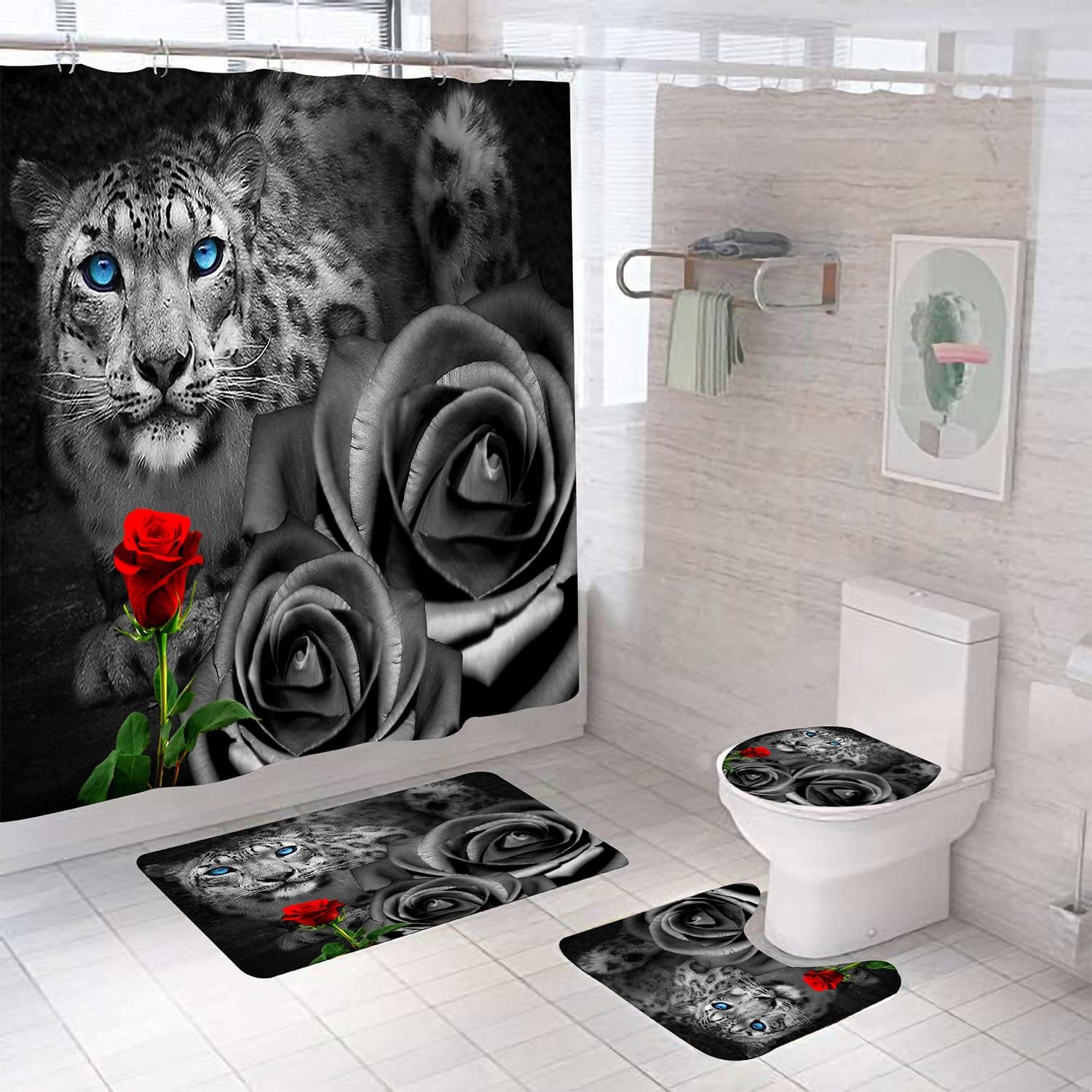 4 Piece Tiger Red Rose Shower Curtain Set, Includes Extra Large Floor Mats, U-Shaped Mat, Toilet Seat Cover, Ocean Shower Curtain with 12 Hooks for Bathroom Decoration, Hotel