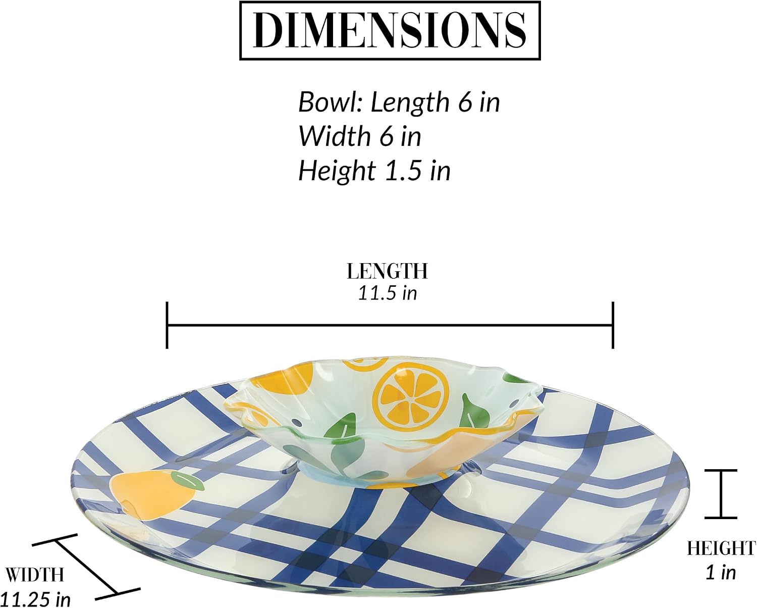 Pavilion Gift Company - Lemons - 11.5" Chip Holder with 6" Waved Edge Glass Serving 10 Oz Dip Bowl Vintage Yellow Kitchen Decor Summer Serveware