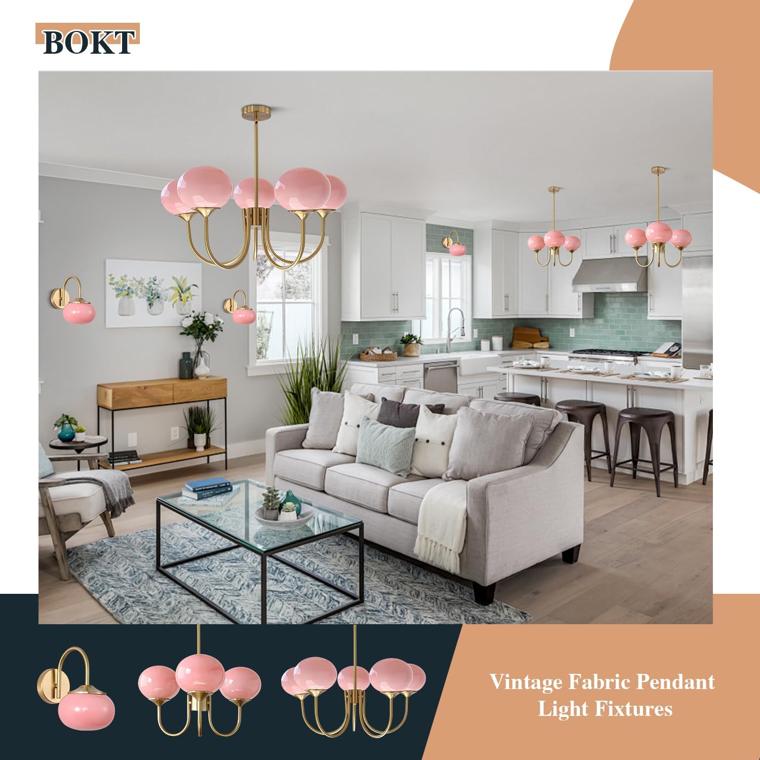 BOKT Vintage Brushed Gold Single Wall Sconces Mid Century Modern Pink Glass Wall Light Fixture Rustic Globe Wall Lamp Antique Brass Hallway Wall Mount Lights for Bedroom Bedside Living Room BWL01-P