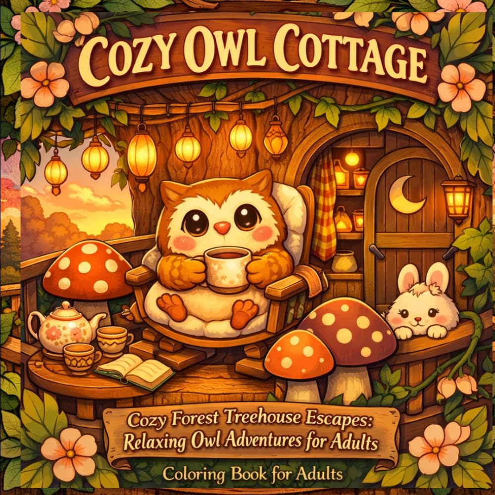 Cozy Owl Cottage Coloring Book: Picturesque Scenes of Treehouses to De-Stress with: 40+ Unique Cottagecore Pictures of Adorable Animals, Cozy Backdrops and Easy-to-Colored Pages