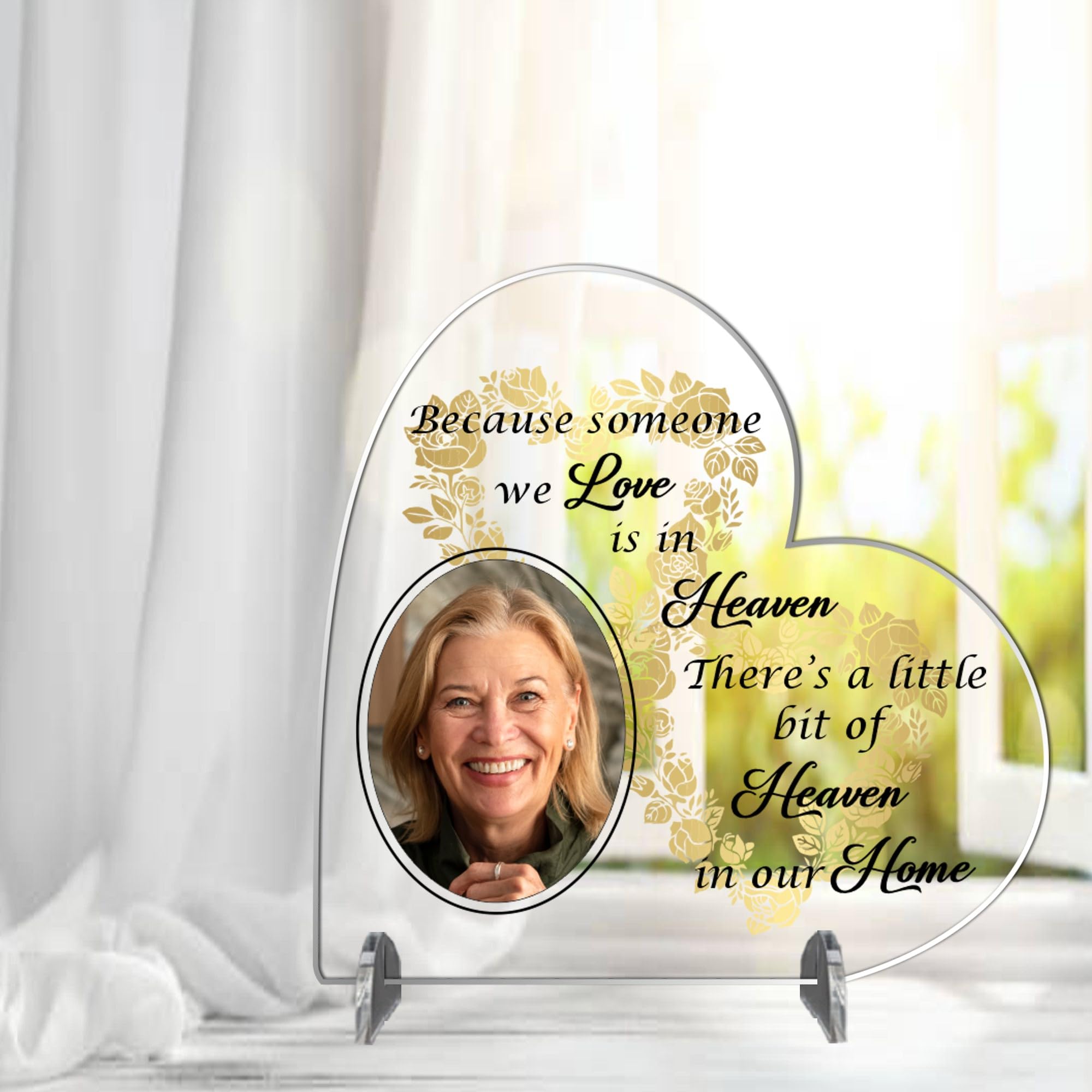 Personalised Heart Plaque - Memorial Tribute "Because Someone We Love is in Heaven" - Custom Photo Print - 3 Sizes, MDF Wood or Acrylic (Acrylic Indoor & Outdoor Use, Medium 13.5cm x 13.5cm)