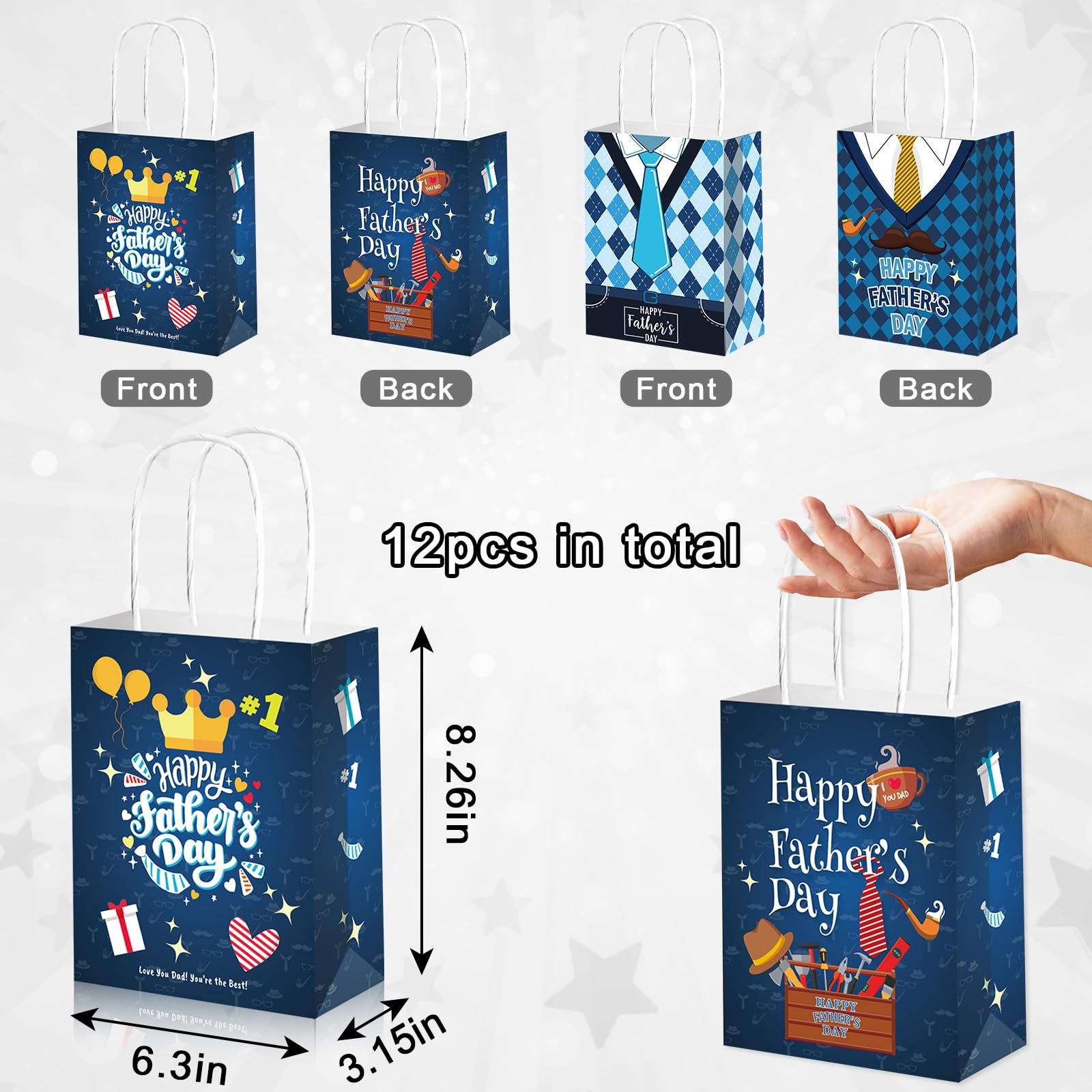 Vatertags-Geschenktüten Set – 12 Stück, Blau, Mit Griffen, 21x16x8 Cm, Aus Kraftpapier, Mit Krawatten- & Bart-Motiven