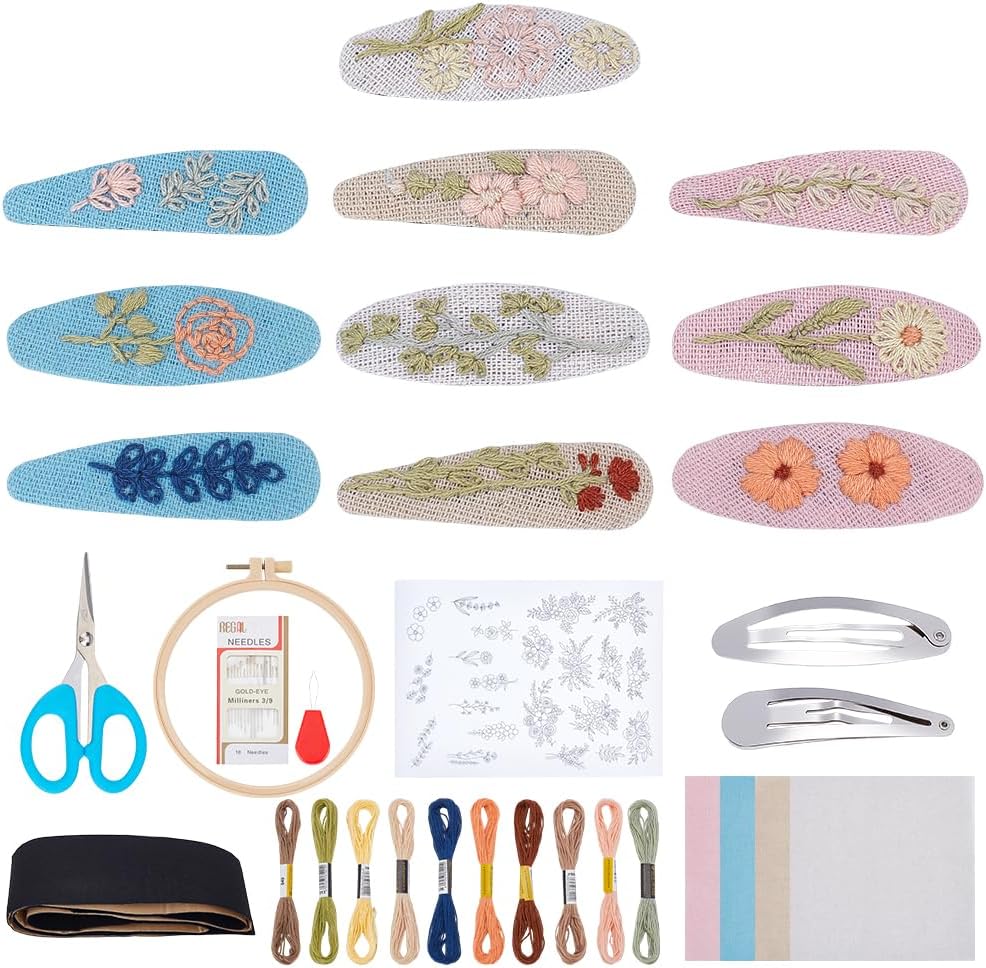 WEBEEDY 10 Sets DIY Hair Snap Clips Barrettes Embroidery Kit for Beginner,Embroidery Starter Kit with Water Soluble Embroidery Stabilizers,Embroidery Hoop,Thread for Lady Women Hair Accessories