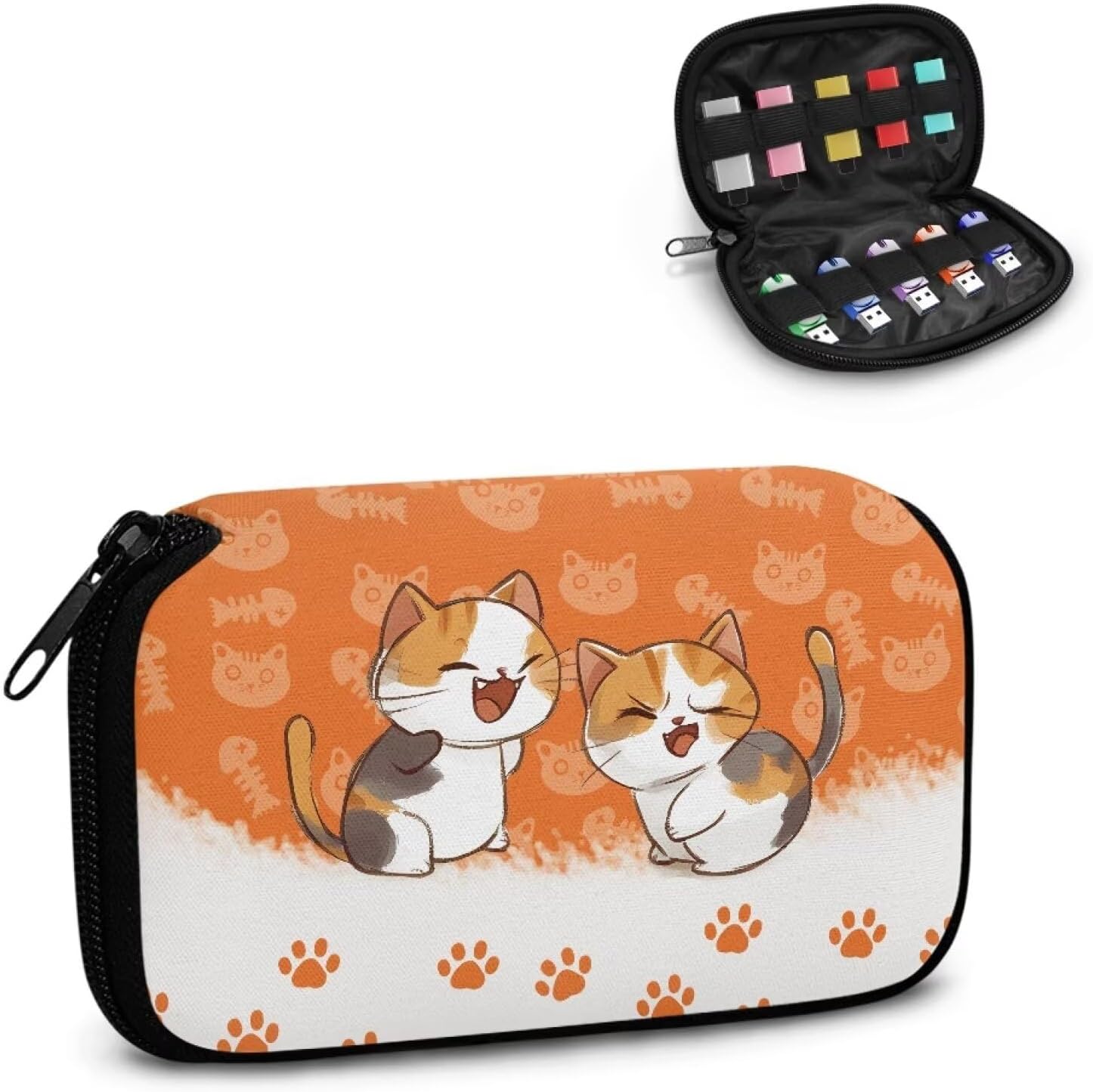 Cute Cats USB Case Organizer Portable USB Organizer Box Soft Material Electronic Organizer Travel Case for Headset, USB Cable and Electronic Accessories