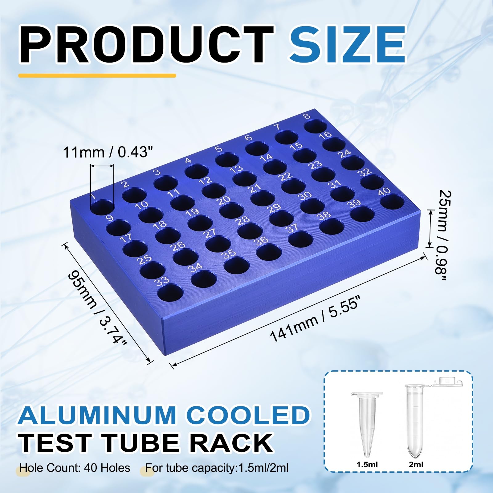 PATIKIL 40 Pozzi Porta Provette Microcentrifuga Raffreddato, Vassoio Piastra Coltura Tessuti, Blocco Raffreddamento Alluminio per Provette PCR 50ml, Attrezzatura Laboratorio, Blu