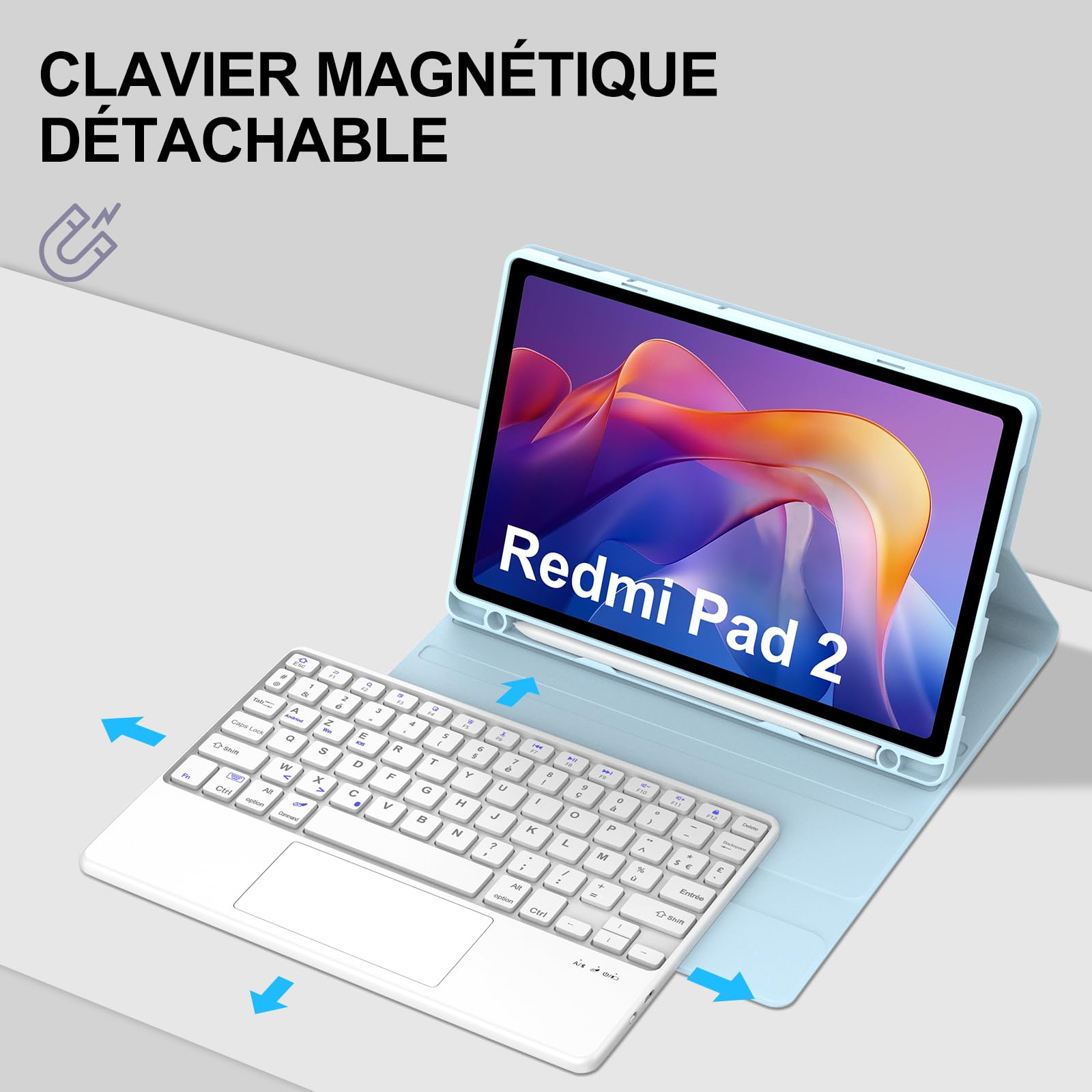 JADEMALL Clavier avec Trackpad pour Xiaomi Redmi Pad 2 11" 2025, AZERTY Français Clavier Bluetooth Magnétique Détachable avec Pavé Tactile pour Tablette Redmi Pad 2 11 Pouces 2025, Bleu Ciel