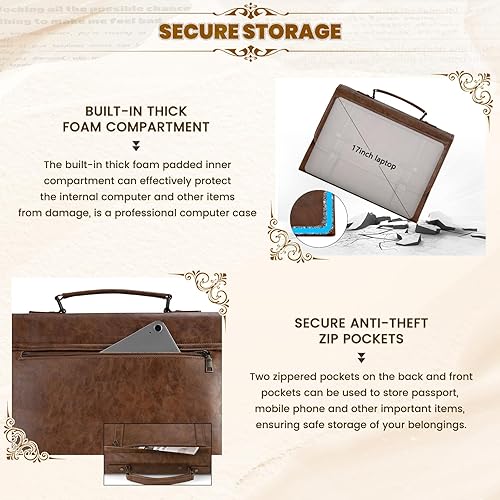 Miniatura 6 de RAINSMORE Bolsa de mensajero para hombre de 17 pulgadas, impermeable, de piel vintage, maletín para laptop, bolsa de hombro retro, marrón