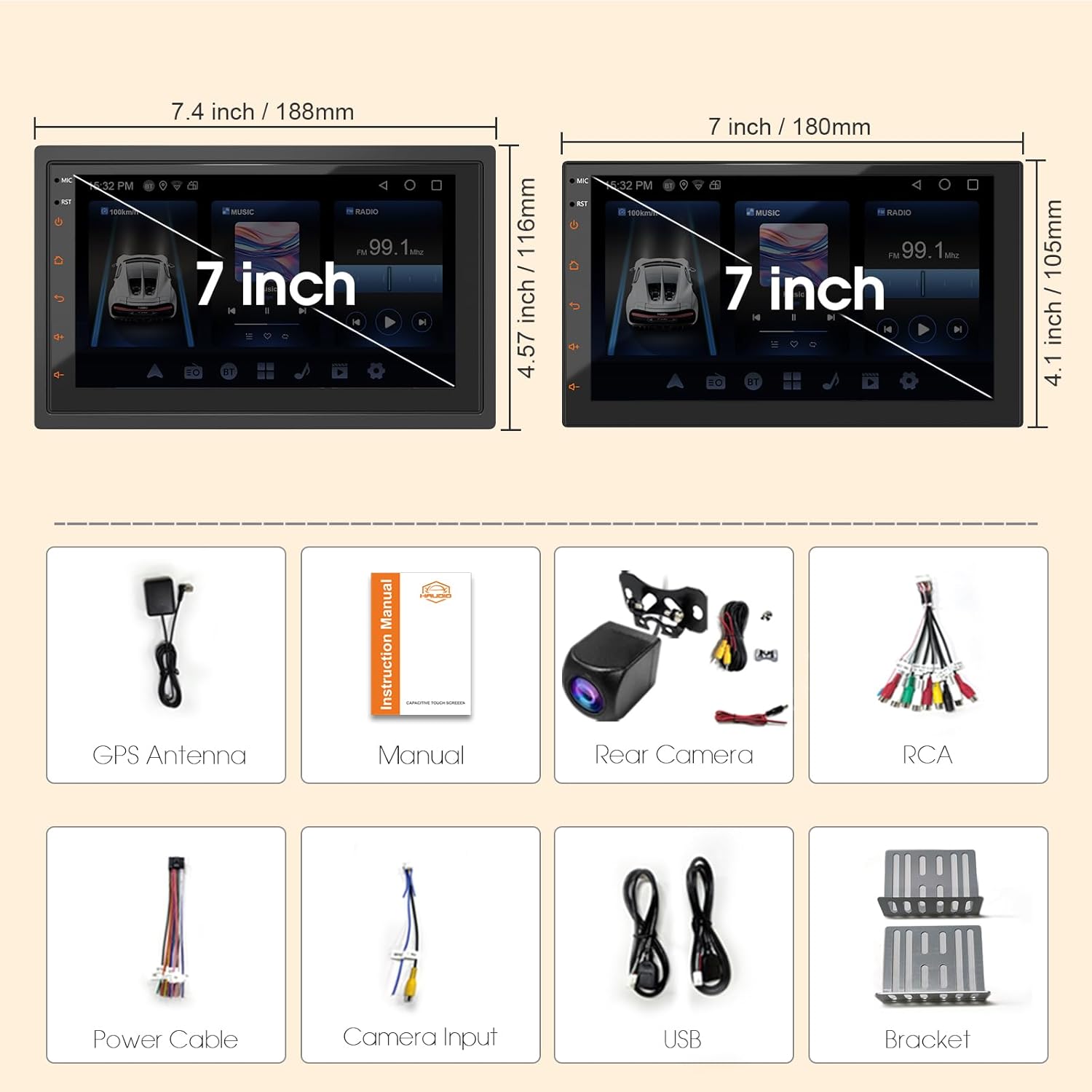 Haudio 7-inch Car Stereo package contents including GPS antenna, manual, rear camera, RCA cables, power cable, camera input cable, USB cables, and mounting brackets.