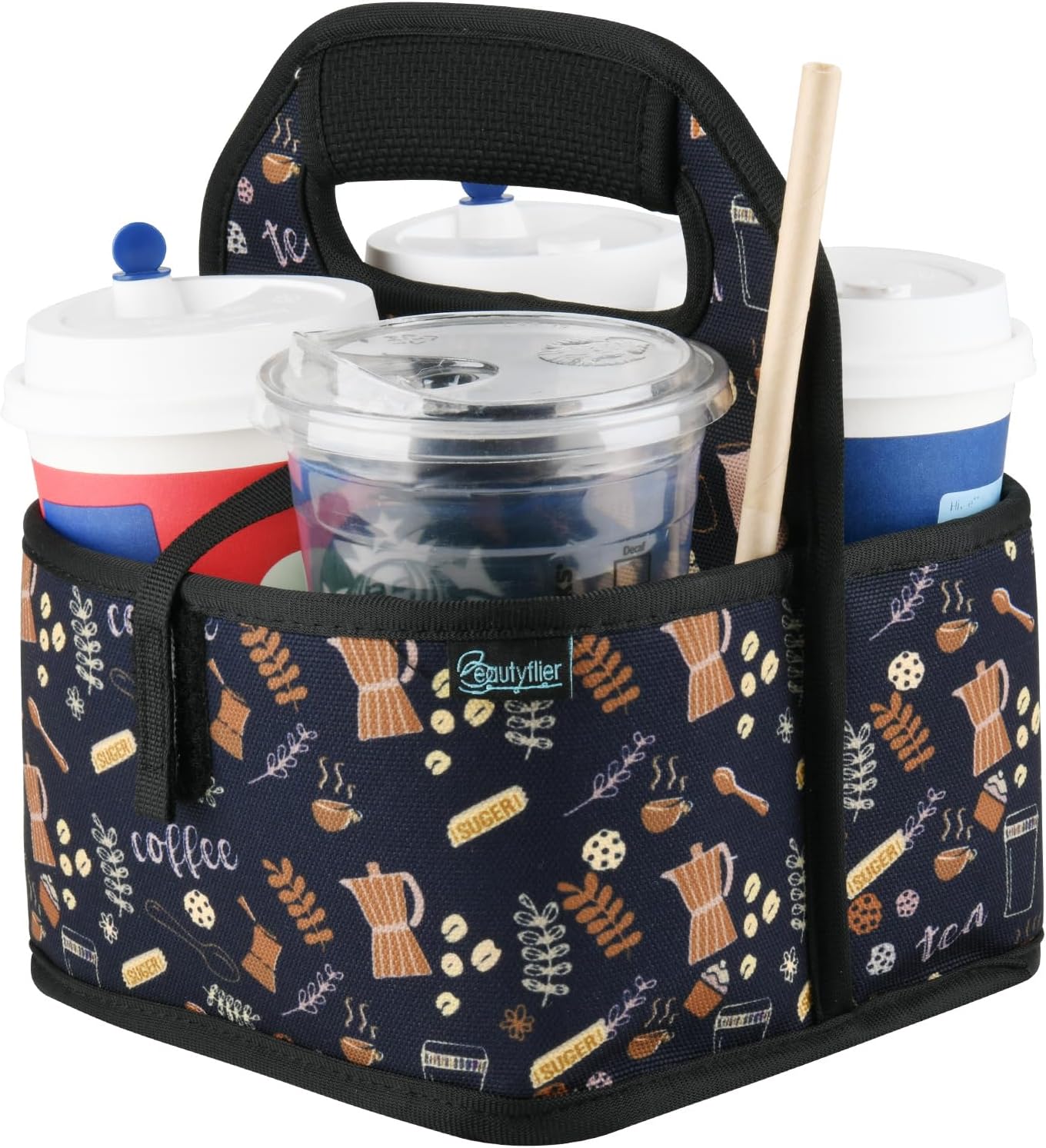Beautyflier Reusable Insulated Coffee Cup Carrier, Portable Drink Holder with Handle Organizer Tote Bag for Hot & Cold Drinks (Coffee Utensils)