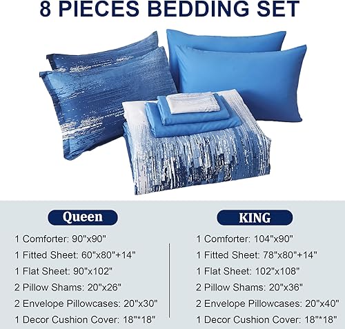 Miniatura 7 de Juego de edredón azul degradado, tamaño Queen, reversible, azul degradado, gris, bohemio, para hombres y mujeres, juego de cama de 8 piezas en una