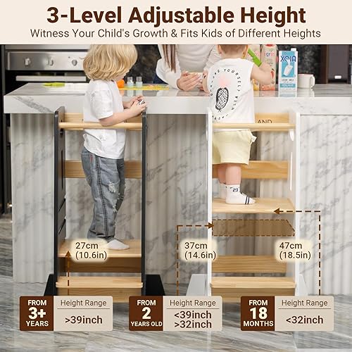 Miniatura 3 de COSYLAND Torre ajustable de pie para niños pequeños de 33.5 pulgadas, taburete estable de cocina para niños con barra transversal protectora,