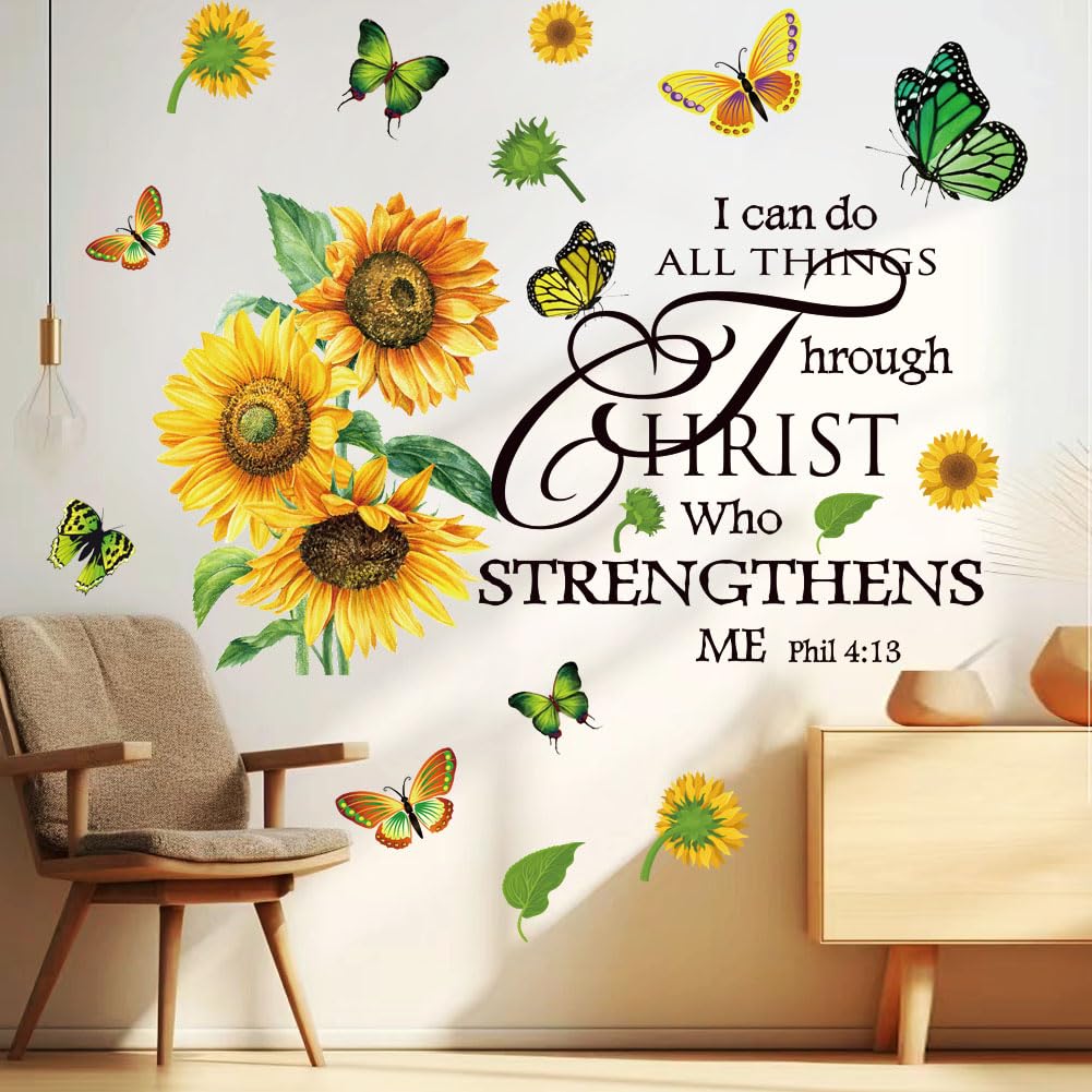 Adhesivo de pared con diseño de girasol, mariposa, motivacional, positivo, decoración de pared, citas inspiradoras, decoración de pared cristiana, calcomanías de pared para sala de estar o dormitorio.
