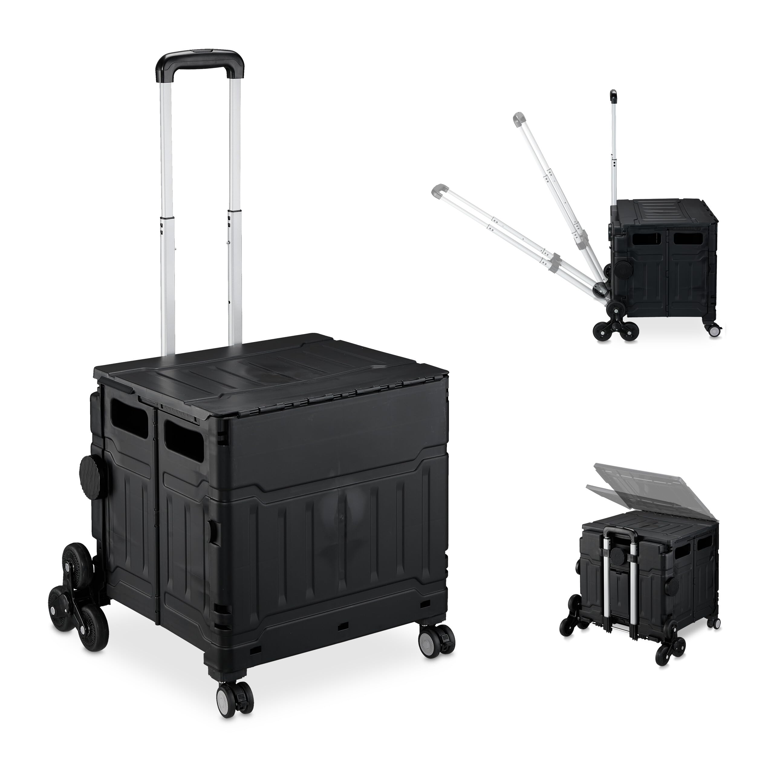 Relaxdays Shopping Trolley, Stair Climbing, Foldable, Up to 50 kg, Telescopic Handle, Shopping Transport Cart, Black