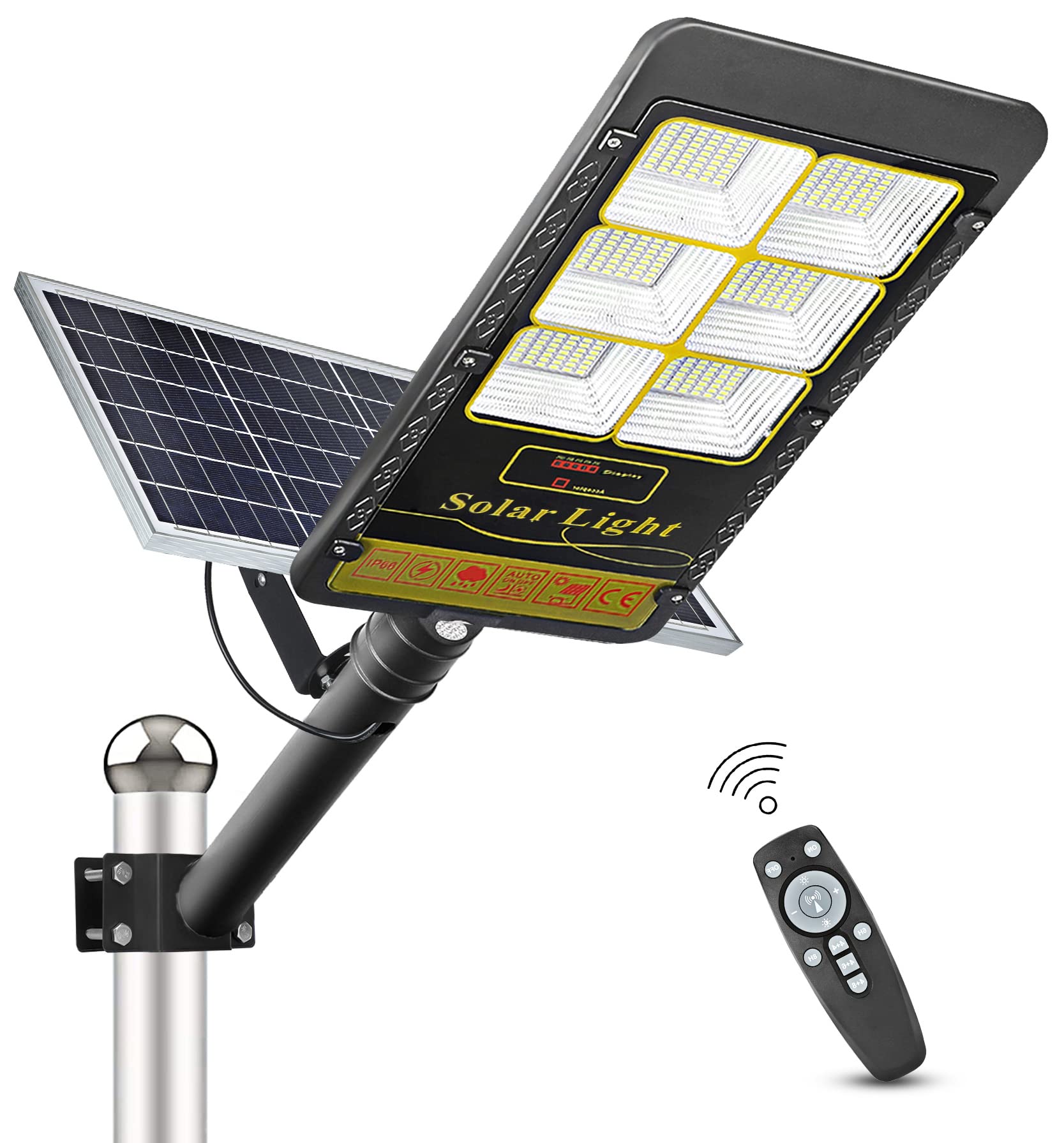 Atoechie 1200W Solar Powered Street Lights Dusk to Dawn 6000K Waterproof IP67 Security LED Flood Light with Remote Control & Motion Sensor for Yard Sport Court Parking Lot