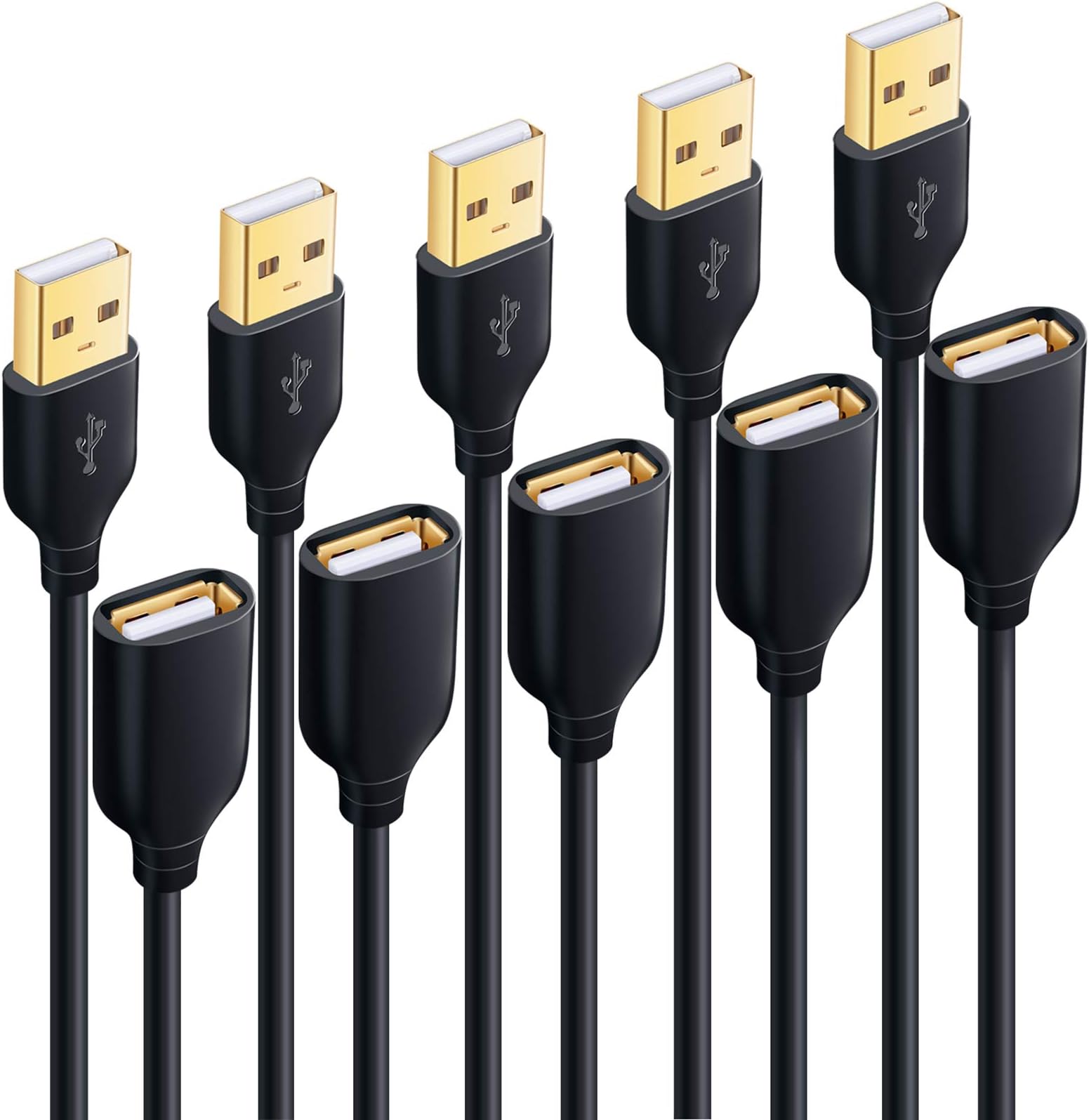 BesgoodsUSB Cable Extension, 5-Pack 10ft USB Extension Cables - Extra Long USB 2.0 A Male to A Female Cable with Gold-Plated Connector for Keyboard, Mouse, Printer - Black