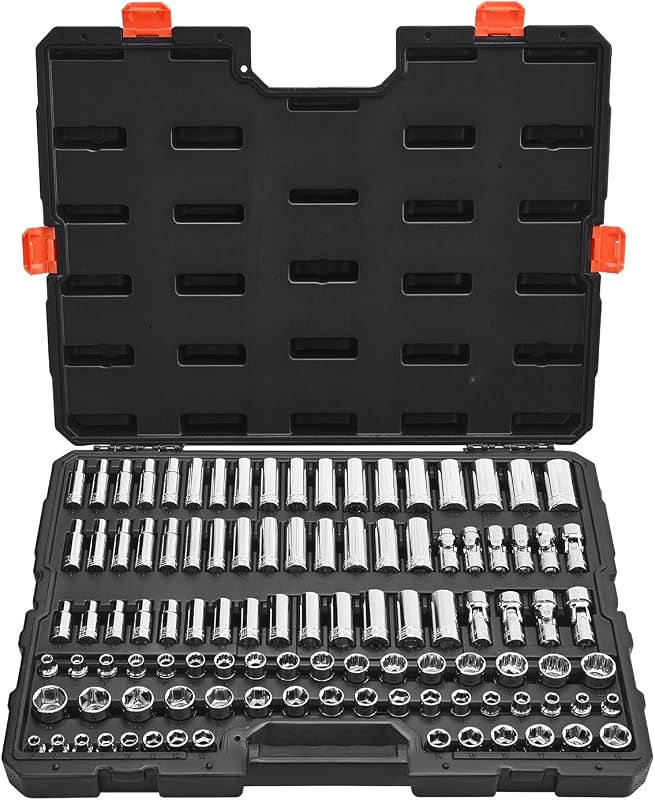 Jogo de Soquetes VEVOR com 104 Peças, Encaixe de 9,5 mm (3/8 pol.), 6 a 24 mm, Soquetes Curtos e Longos em Aço CR-V Cromado com Maleta