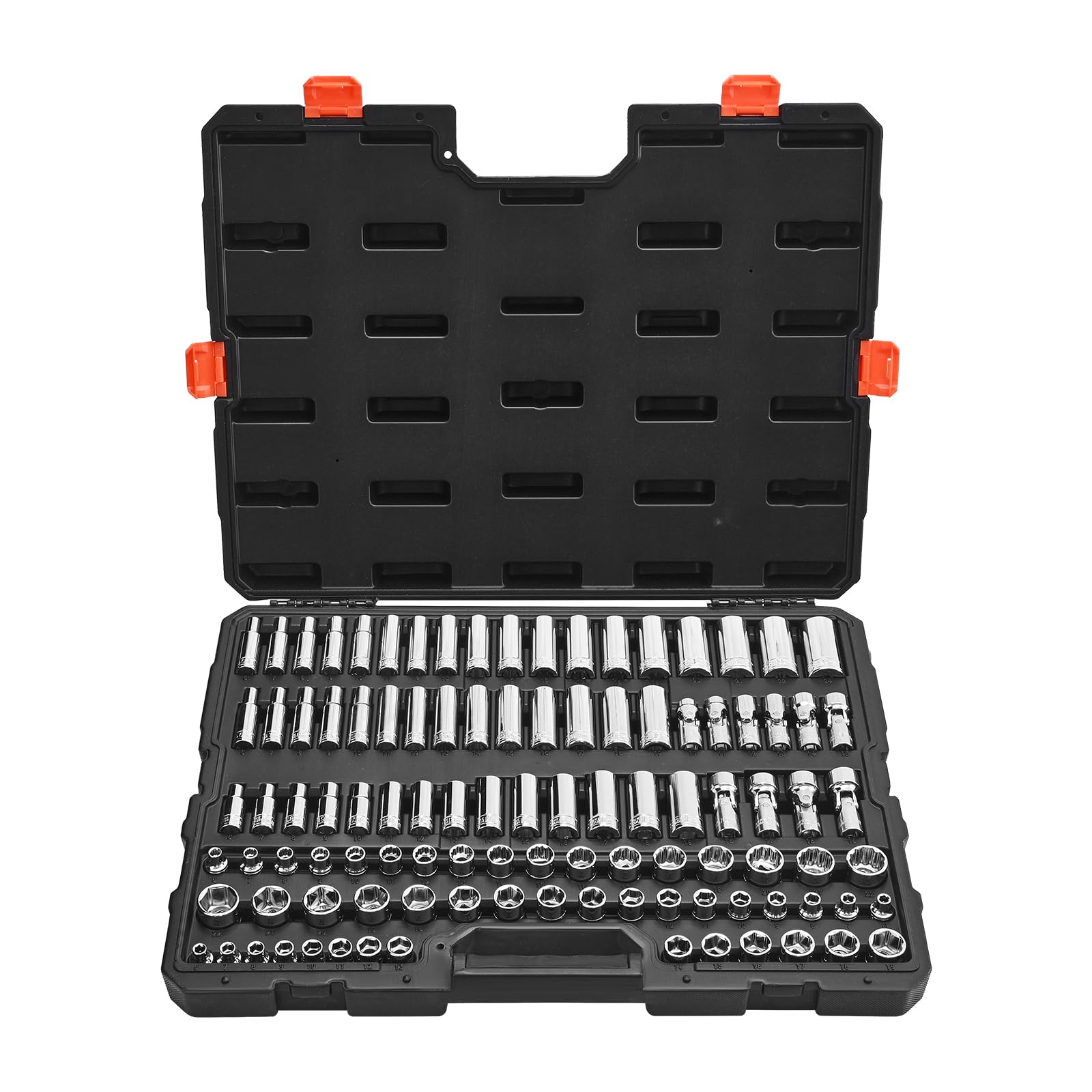 VEVOR Zestaw nasadek, 104-częściowy, 9,5 mm, rozmiar metryczny od 6 do 24 mm, głęboki i standardowy, zestaw narzędzi mechanicznych z walizką do przechowywania, chromowana stal stopowa CR-V, do naprawy