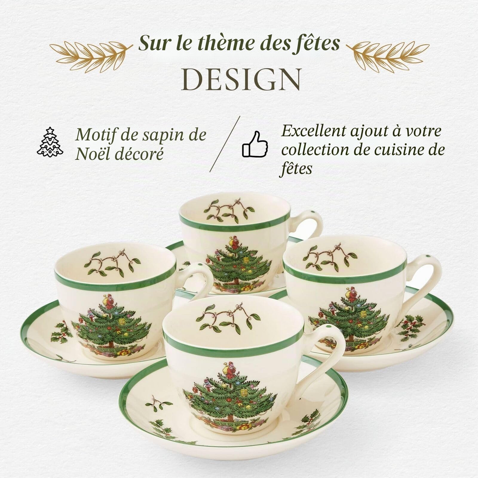 Spode Tasse à thé et soucoupe sapin de Noël, lot de 4 (multicolore)