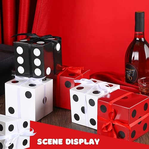 Miniatura 4 de 50 cajas de regalo de dados de 4 x 4 x 4 pulgadas, decoraciones de fiesta de casino, decoraciones nocturnas de juegos, cajas de regalo con cinta