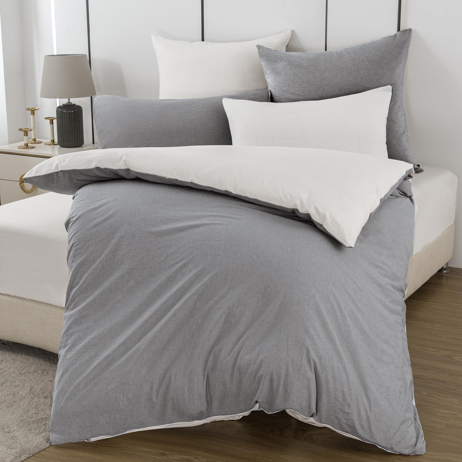 Housse de couette coton lavé fermeture éclair 135x200 anti glissement