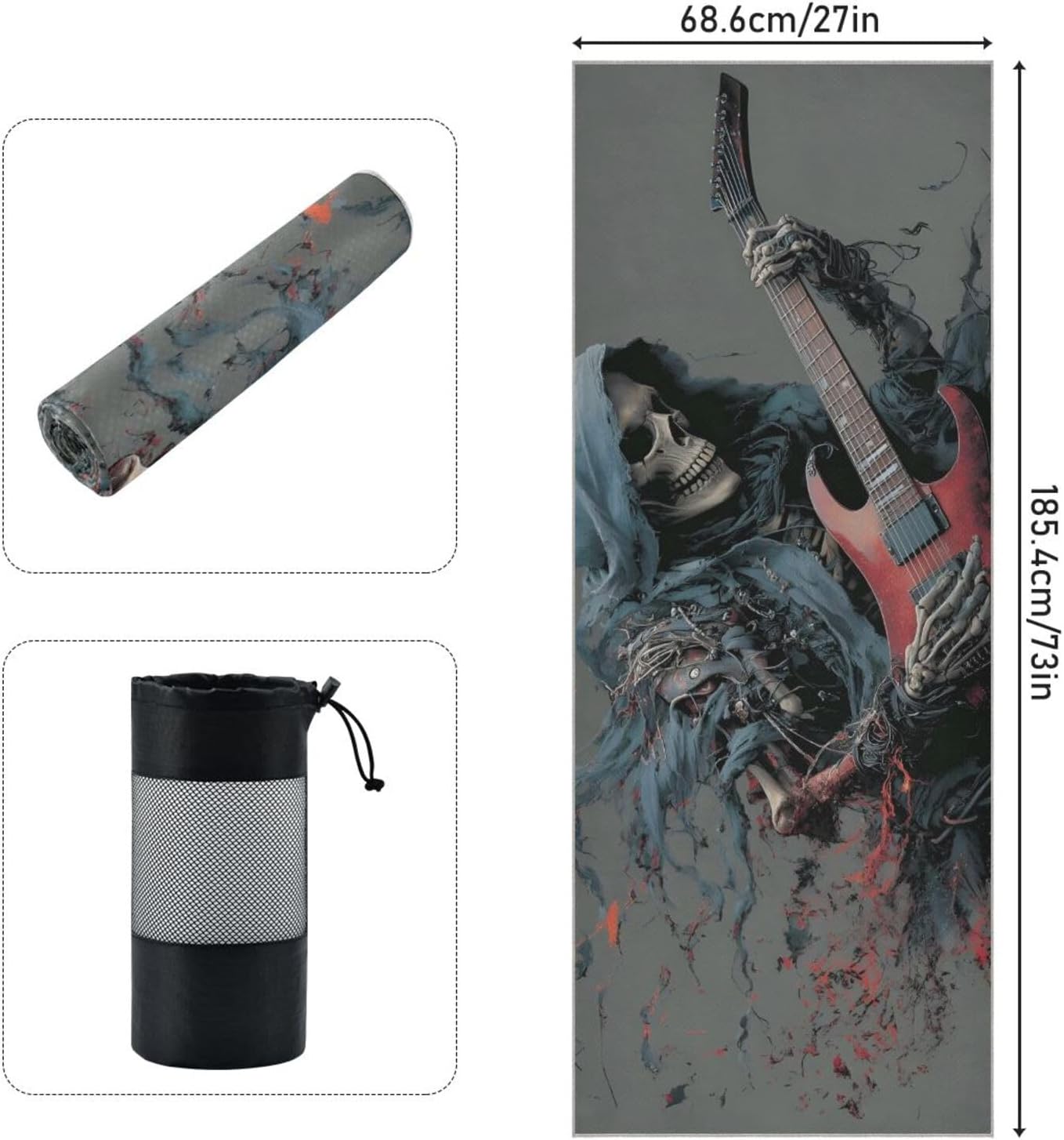 Skeleton Guitar Hot Yoga Towel – Stylish, Non-Slip, Grip Dot, Super Absorbent, 27" x 73" - Yoga Mat Towels for Exercise, Fitness