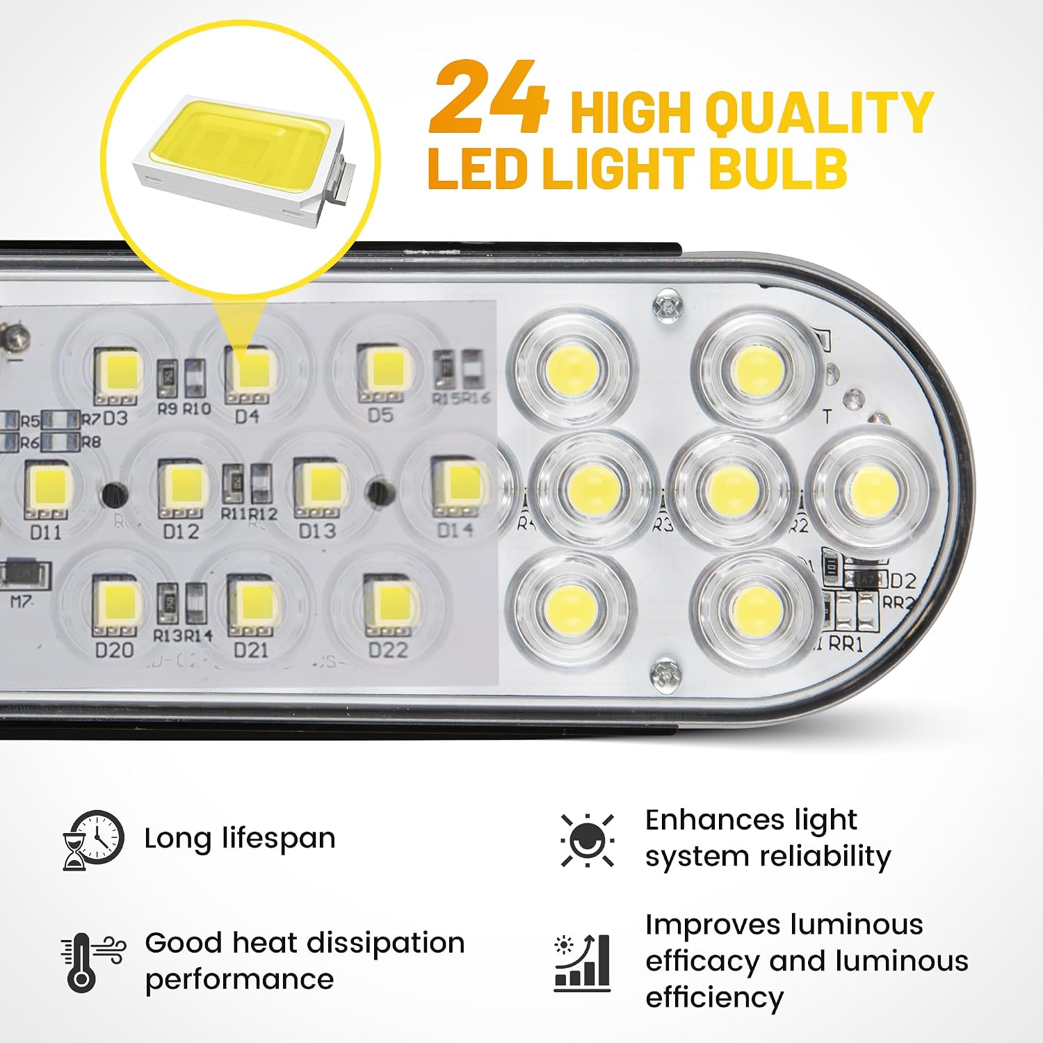 Oyviny 6 Inch Oval White LED Trailer Tail Lights with 24LEDs+8PCS 3 Pin Trailer Light Connector