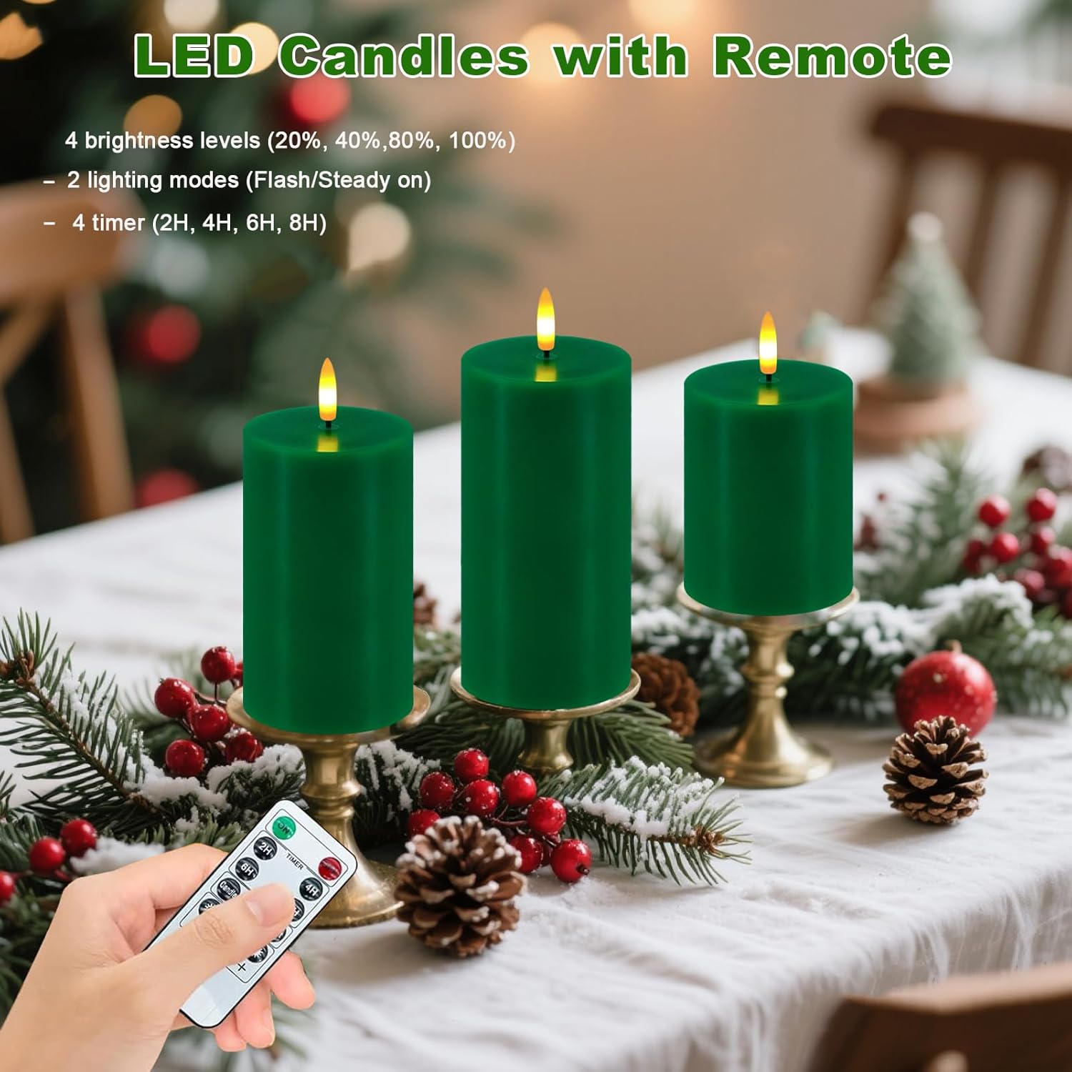 Green Flameless Candles, Set of 3 Flickering LED Candles with Remote & Timer, Dimmable Real Wax Electric Pillar Candles Battery Operated, Candles Light for Home St. Patrick's Christmas Decor (Green)