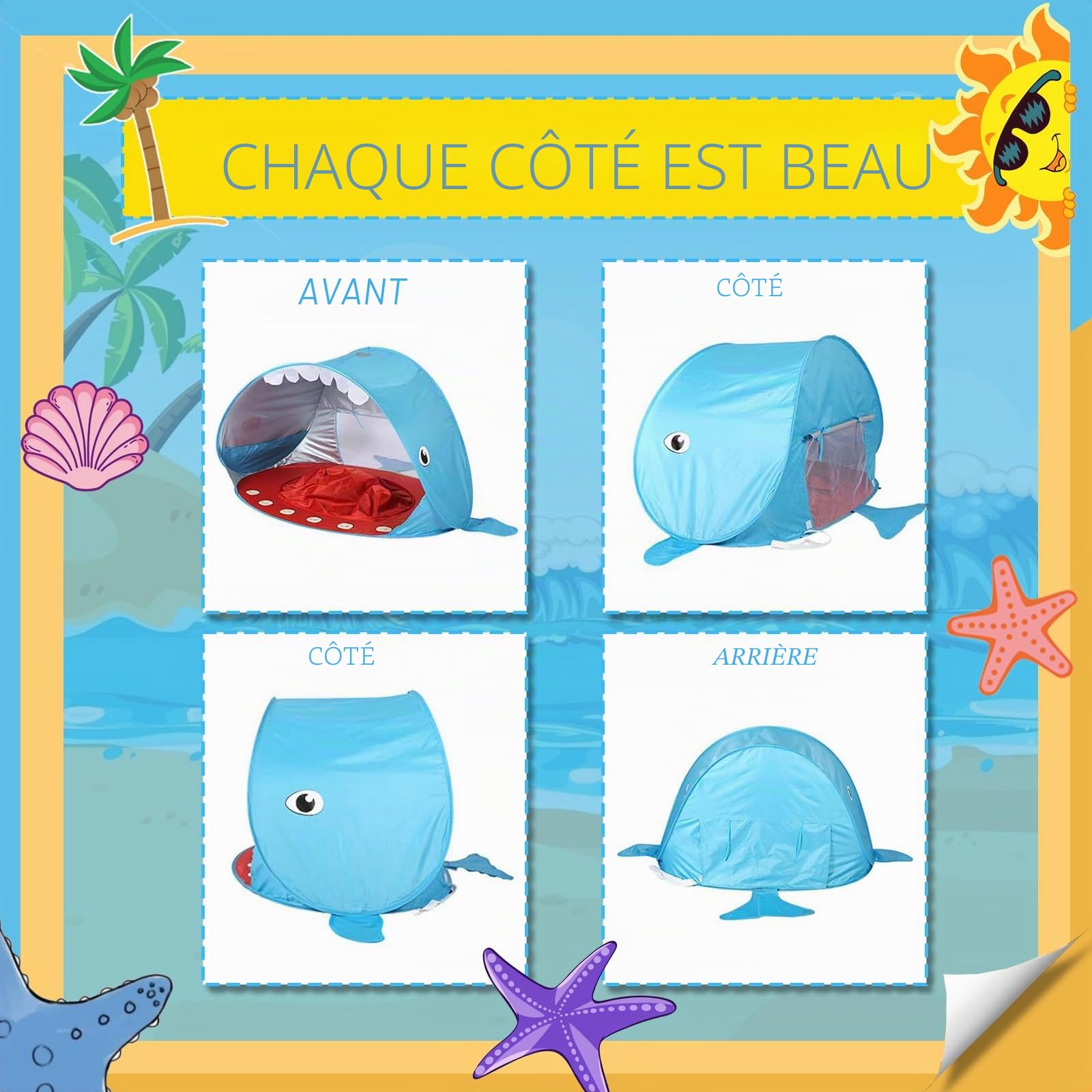 Tente Anti UV Bébé,Pop Up Tente De Plage,Abri Camping Voyage Vec Clous De Sol Protège Vent/Soleil/Sable,Tente De Plage Bebe Vec Mini Piscine Convient pour Les Plages, Les Parcs, Le Camping,Baleine