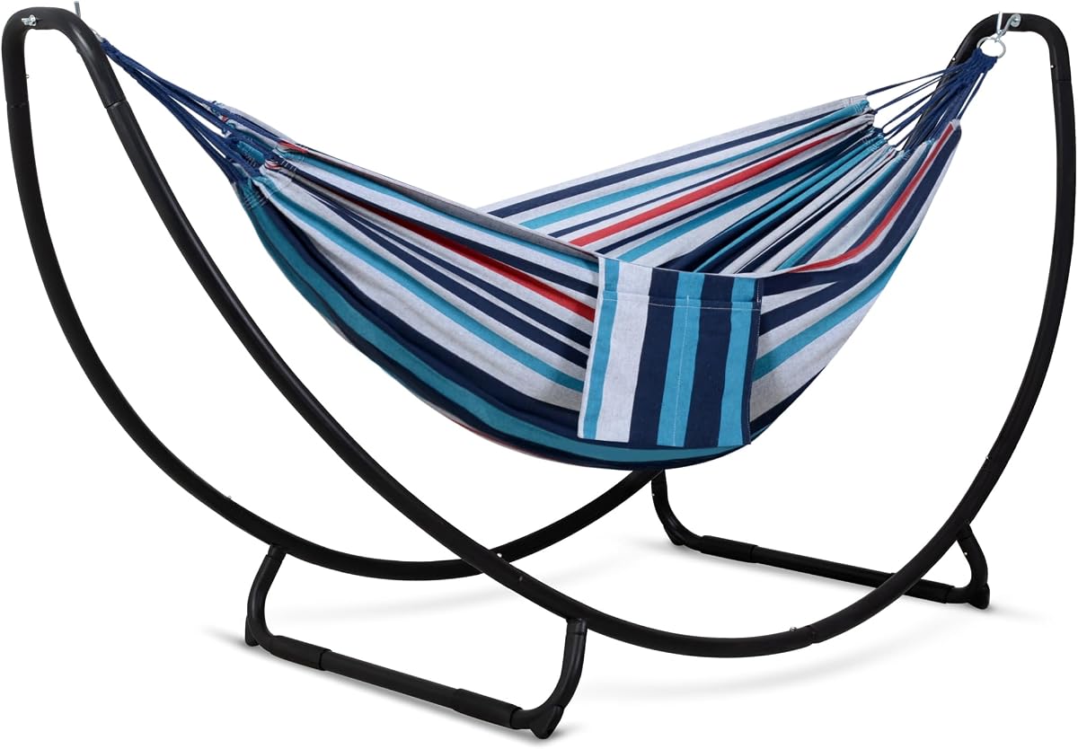 2 Person Hammock with Stand, Space Saving Free Standing Hammock with Stand Included, Patent Pending, Blue Red