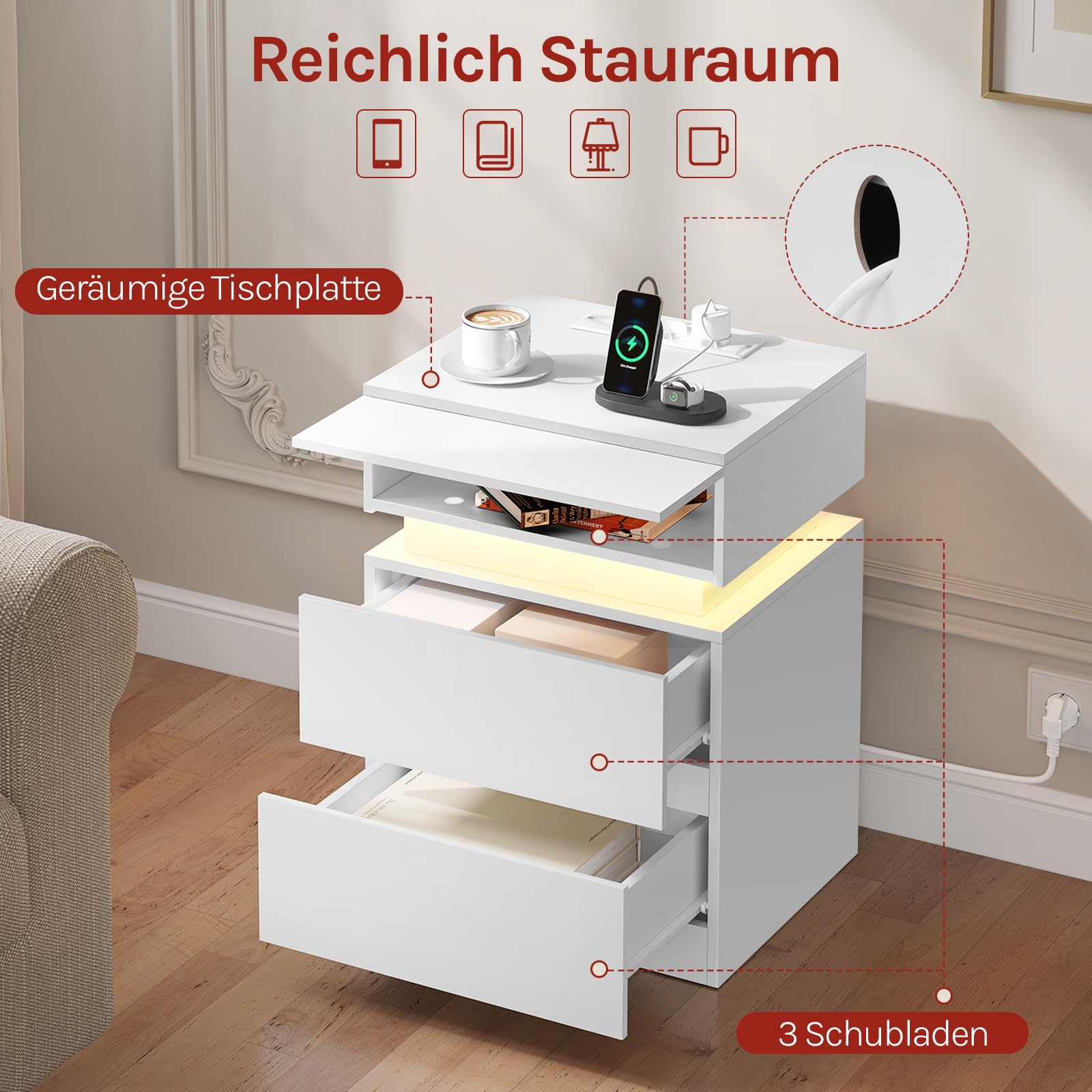 WOLTU Nachttisch 2er Set, mit Steckdose, Nachtschrank mit LED-Beleuchtung, weiß, 2 Schubladen und 1 Ablagefach, 40 x 35 x 55 cm, geeignet für Schlafzimmer, Wohnzimmer, moderner Stil, NTS23ws-2