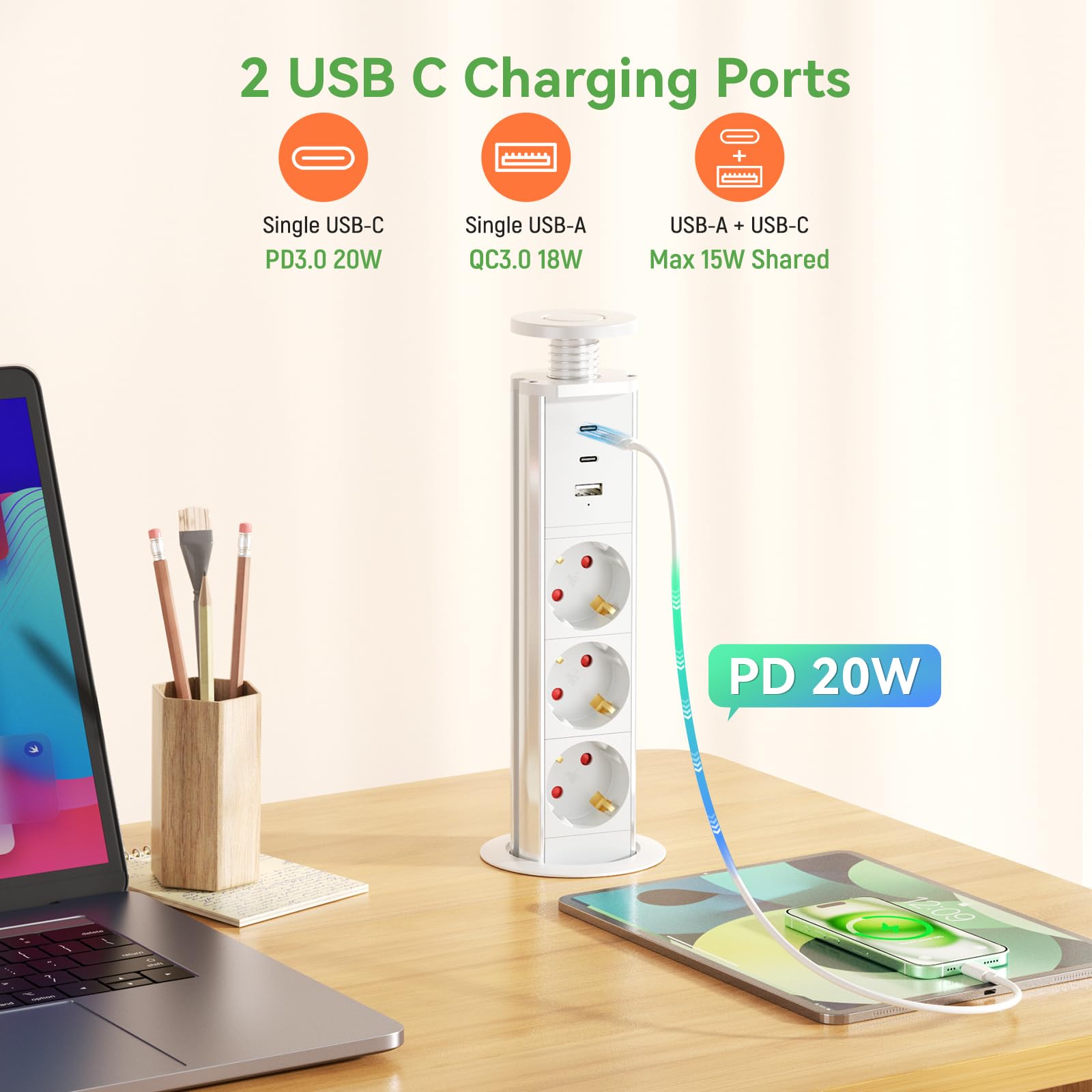 Enchufe retráctil C PD 20 W USB empotrable de 3 enchufes y 1 Puerto USB, para encimera, Cocina, Oficina, regleta con Cable de 1,8 m, Color Blanco