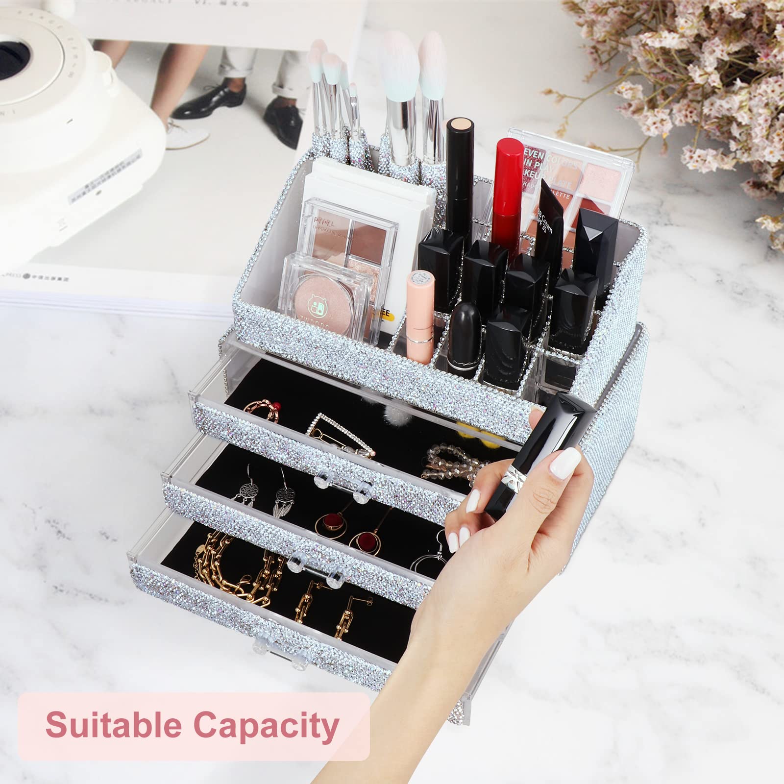 Make-up-Organizer, Schmuck, Kosmetik-Aufbewahrungsboxen, Make-up-Pinselhalter, Kosmetikhalter, glitzernde Diamant-Arbeitsplatte, Schmuckkoffer für Frauen, Mädchen (Neuweiß)