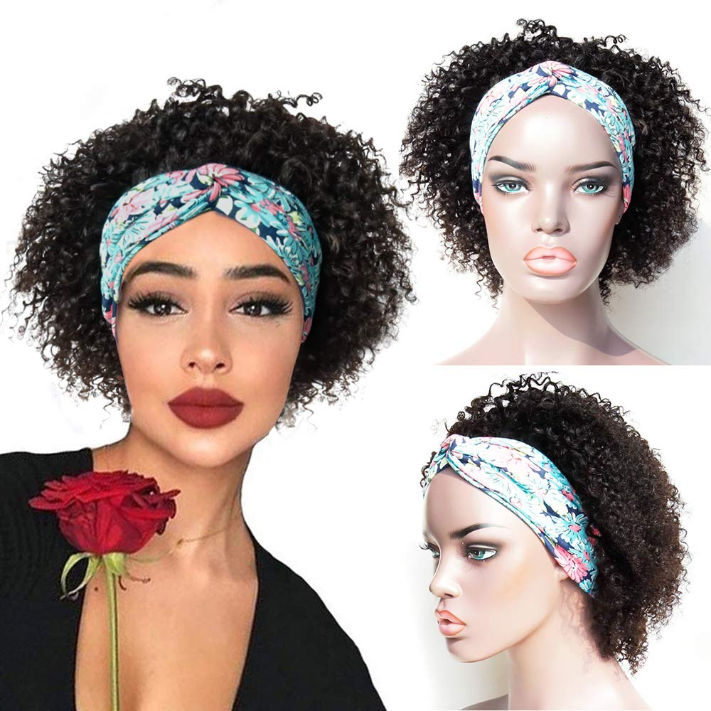 Curly Headband Wig Human Hair Headband Wigs 10A Glueless None Lace Front Wigs with Headband Brazilian Kinky Curly Human Hair Wigs For Black Women Machine Made Half Curly Wigs Natural Color 10 inch