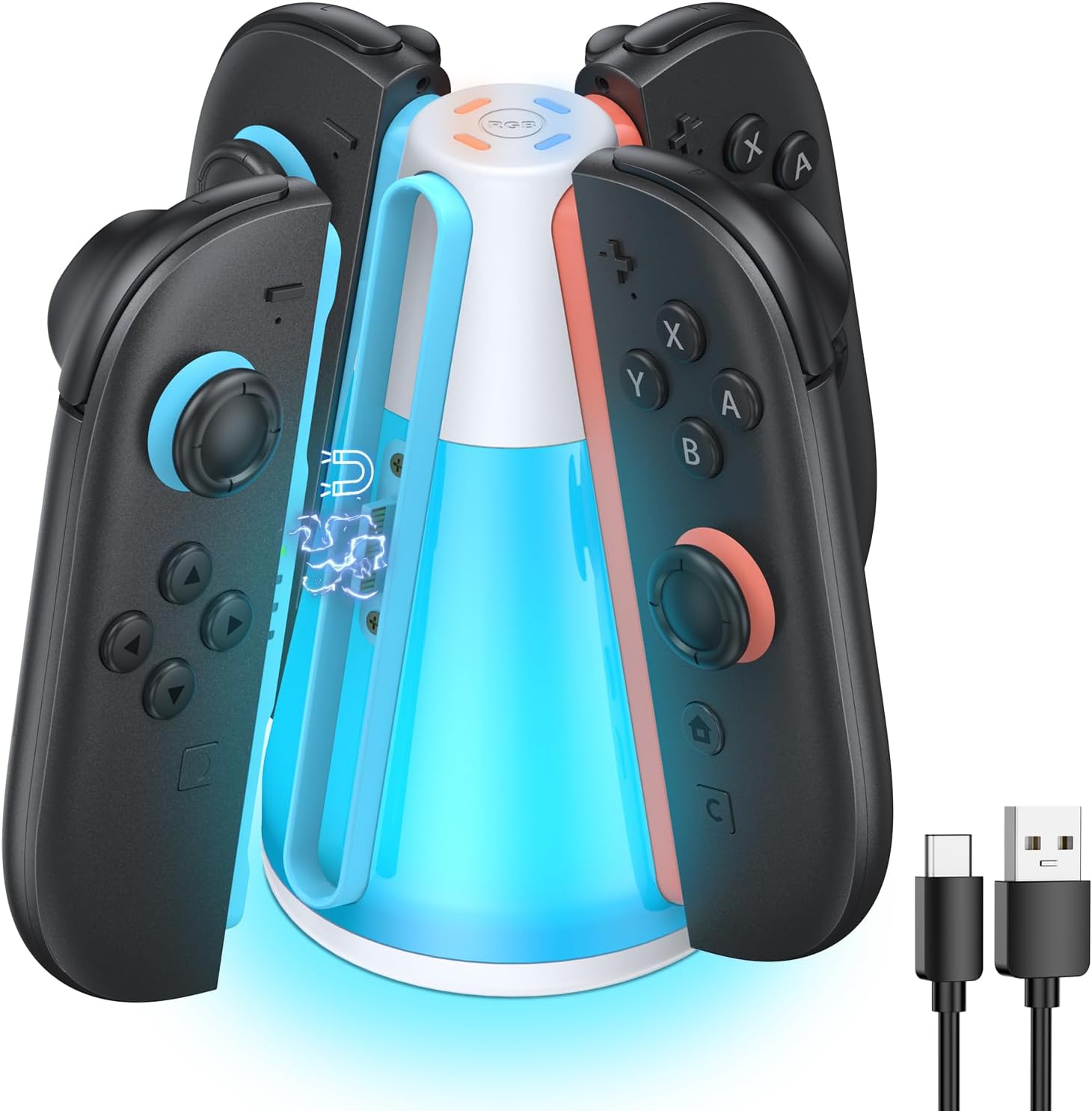 FASTSNAIL Charging Dock for Nintendo Switch 2(2025) for Joy-Con 2, 4 in 1 Dual-Direction Magnetic Fast Controller Charger Station with 10 RGB Light & Night Light Mode, Switch 2 Joypad Accessories