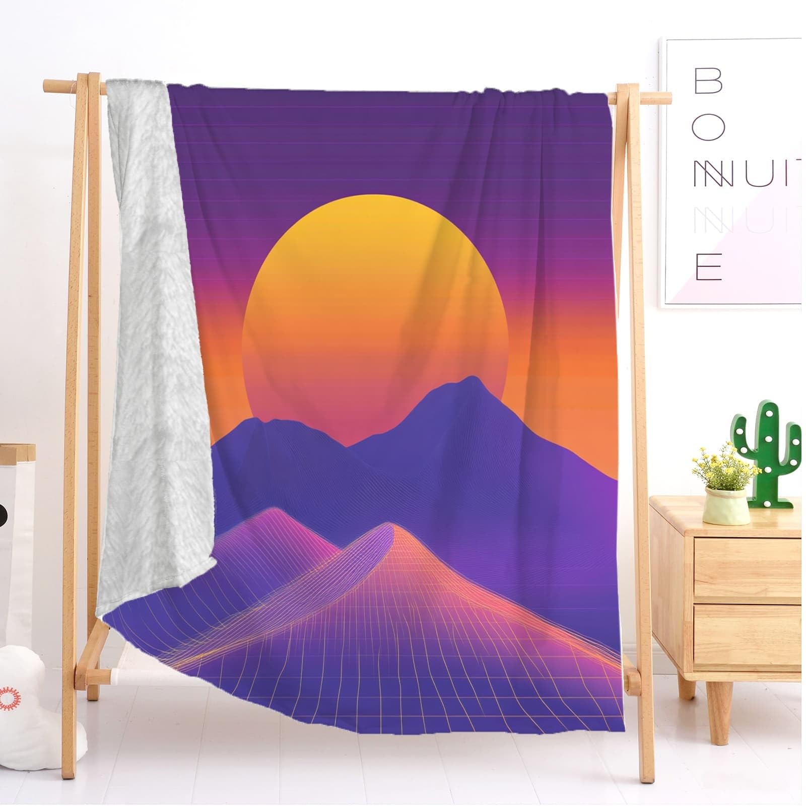 Przytulny koc polarowy XXL, 180 x 200 cm, abstrakcyjne góry, zachód słońca, geometria, miękki, ciepły, pomarańczowo-fioletowa flanela, do salonu, sypialni, przytulnego koca na sofę