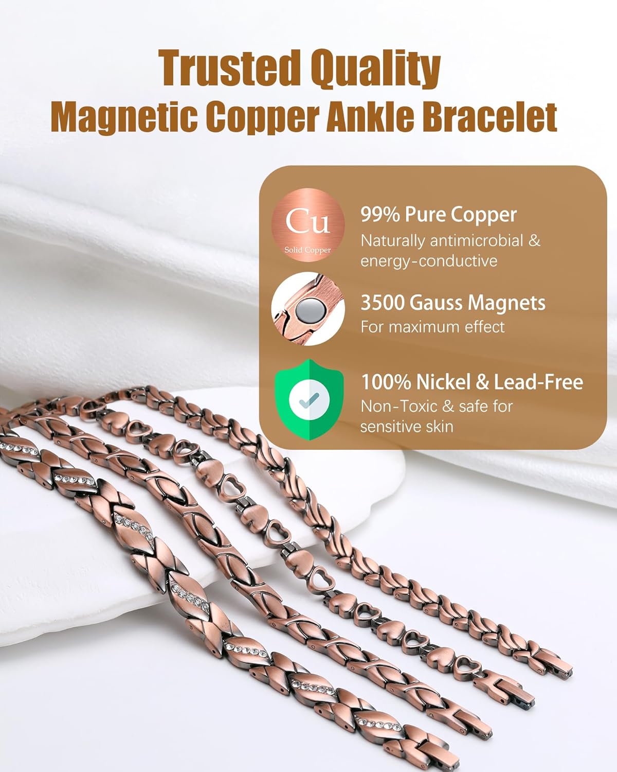 Copper Ankle Bracelet for Women, Adjustable Magnetic Ankle Bracelets for Women with 3500 Gauss Neodymium Magnet - Image 3