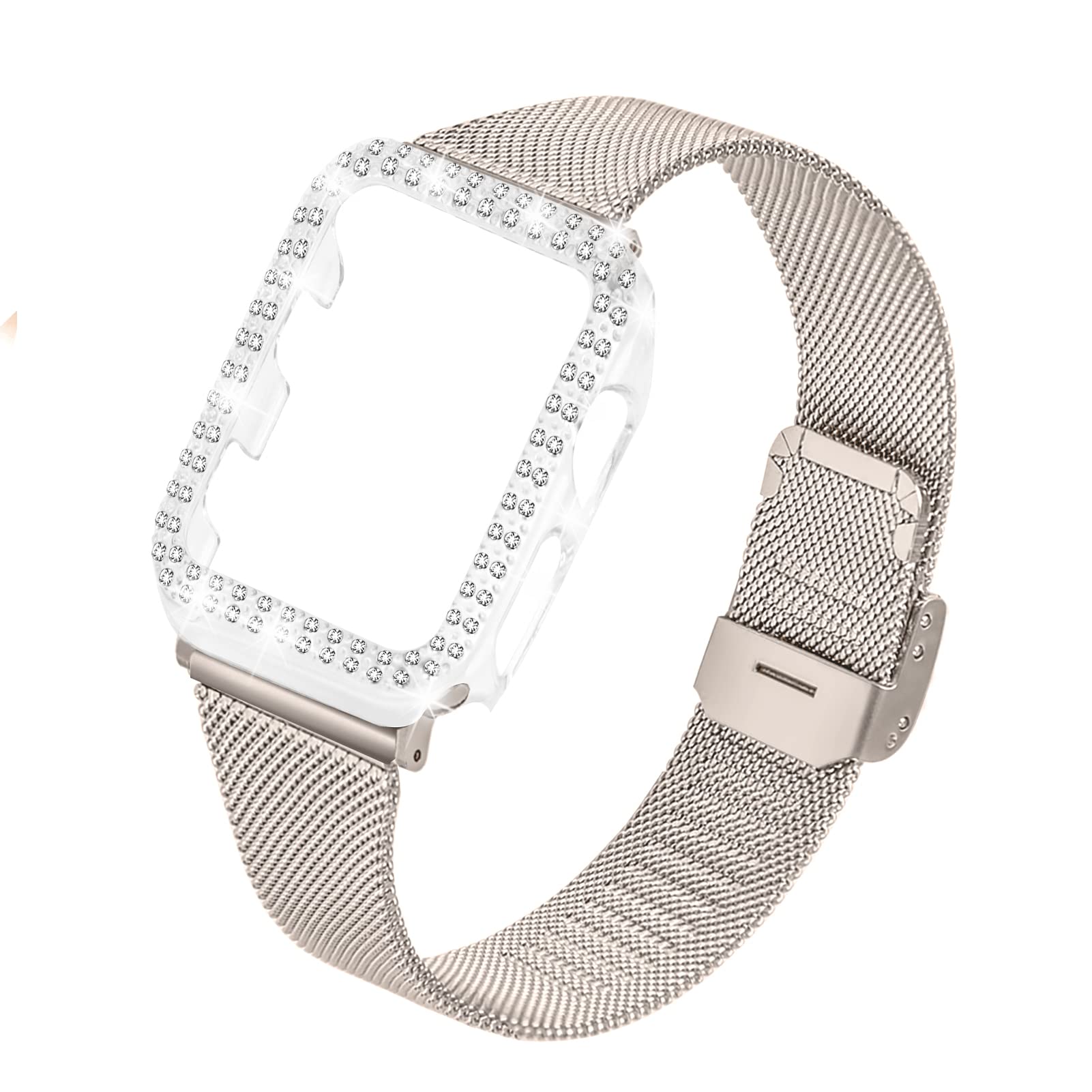 JOYOZY Stainless Steel Mesh bands Compatible For Apple Watch 41mm, Women Bling Protective Crystal Diamond Case with Loop Mesh Strap For Apple Watch Series 9/8/7(No Tool Needed) (Starlight, 41MM)