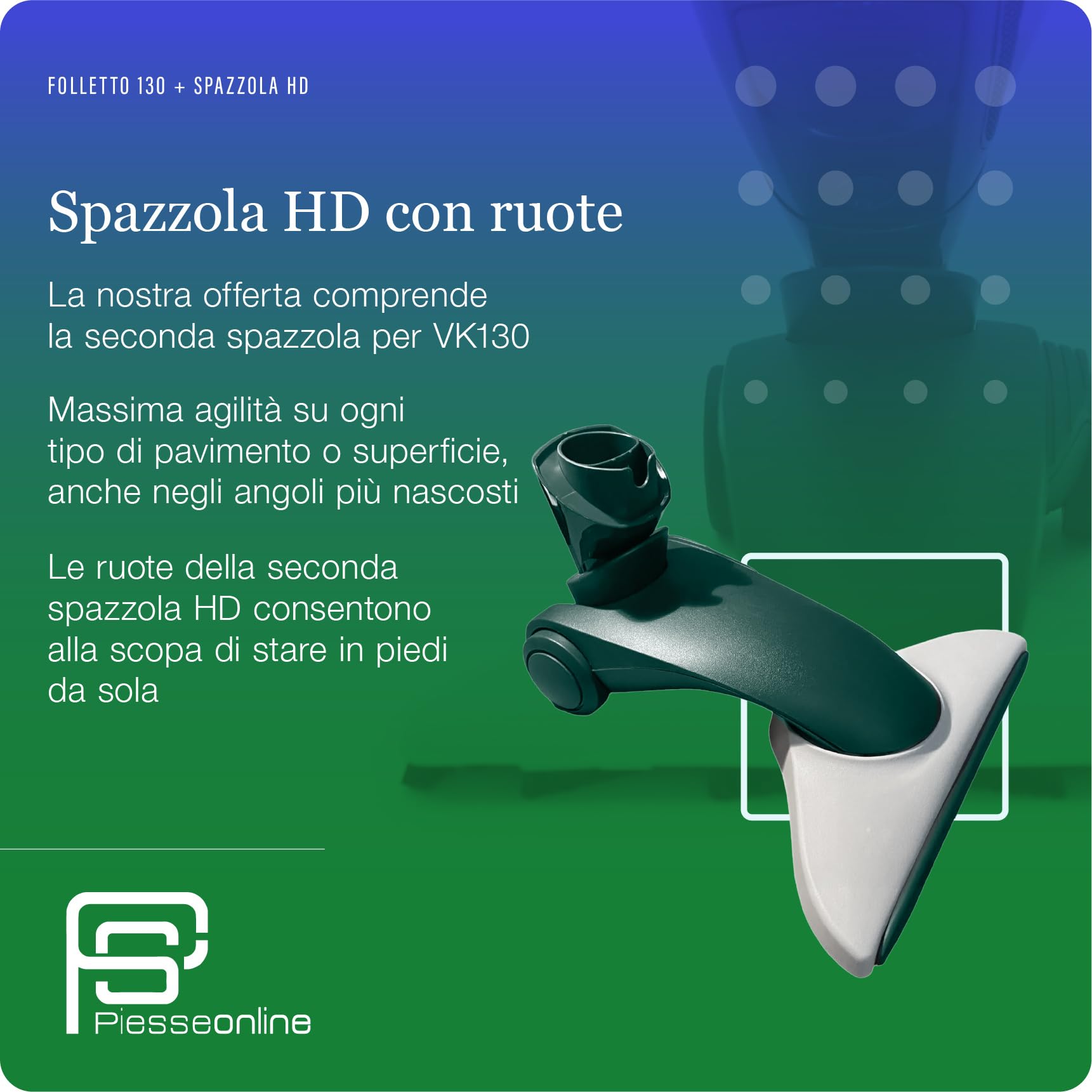 Aspirapolvere Folletto VK130 -REVISIONATA- + Spazzola HD CON RUOTE, Ideale Per Tutti i Pavimenti, Cavo Estraibile 7m, 3 Velocità, Filtro HEPA, Igienizzato e Pronto all’Uso, SOLO ASPIRAPOLVERE