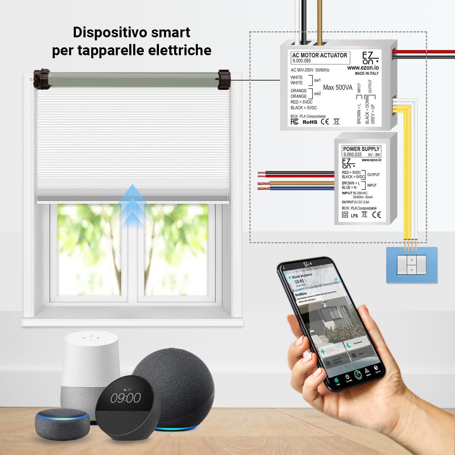 Kit completo Comando 1 Tapparella - Modulo di comando Smart per Tapparelle Elettriche, Sistemi di Oscuramento e tende, Controllo remoto con App ezon.io, Vocale con Alexa e Google Home