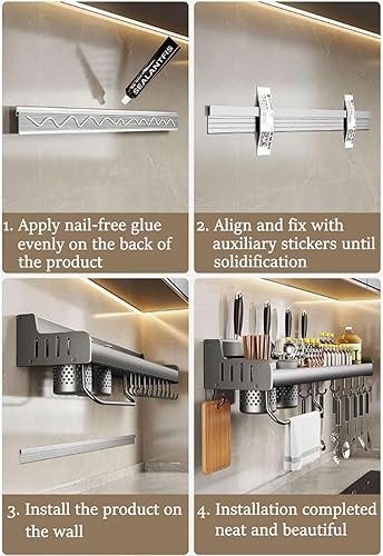 Miniatura 6 de Estante de especias montado en la pared con instalación sin perforación, organizador de estante de cocina con ganchos móviles, soporte para