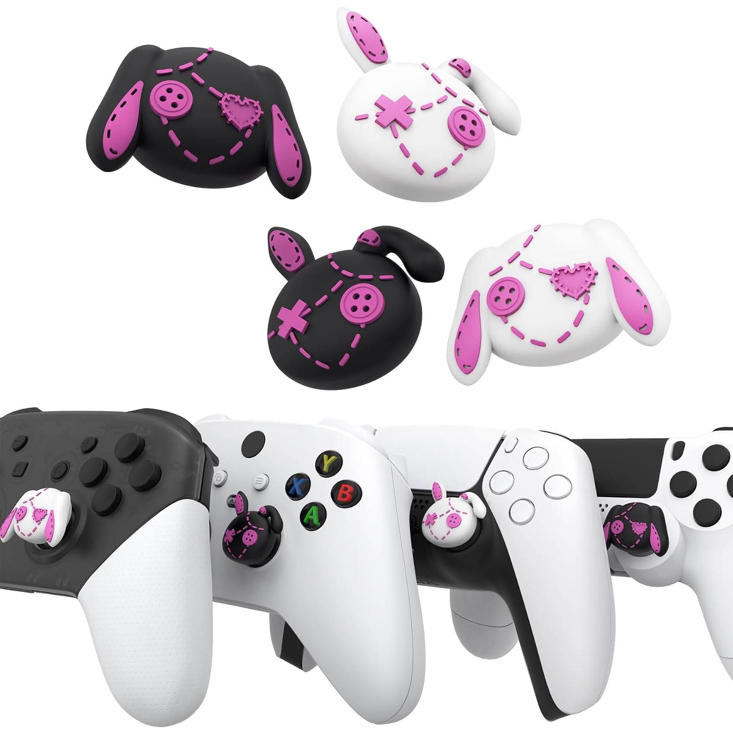 PlayVital Cute Thumb Grip Caps for ps5/ps5 Edge Controller, Joystick Caps for Switch 2 Pro/Switch Pro Controller, Thumbstick Cover for Xbox Series X/S, Elite Series 2, Xbox One - Lovely Punky Bunnies