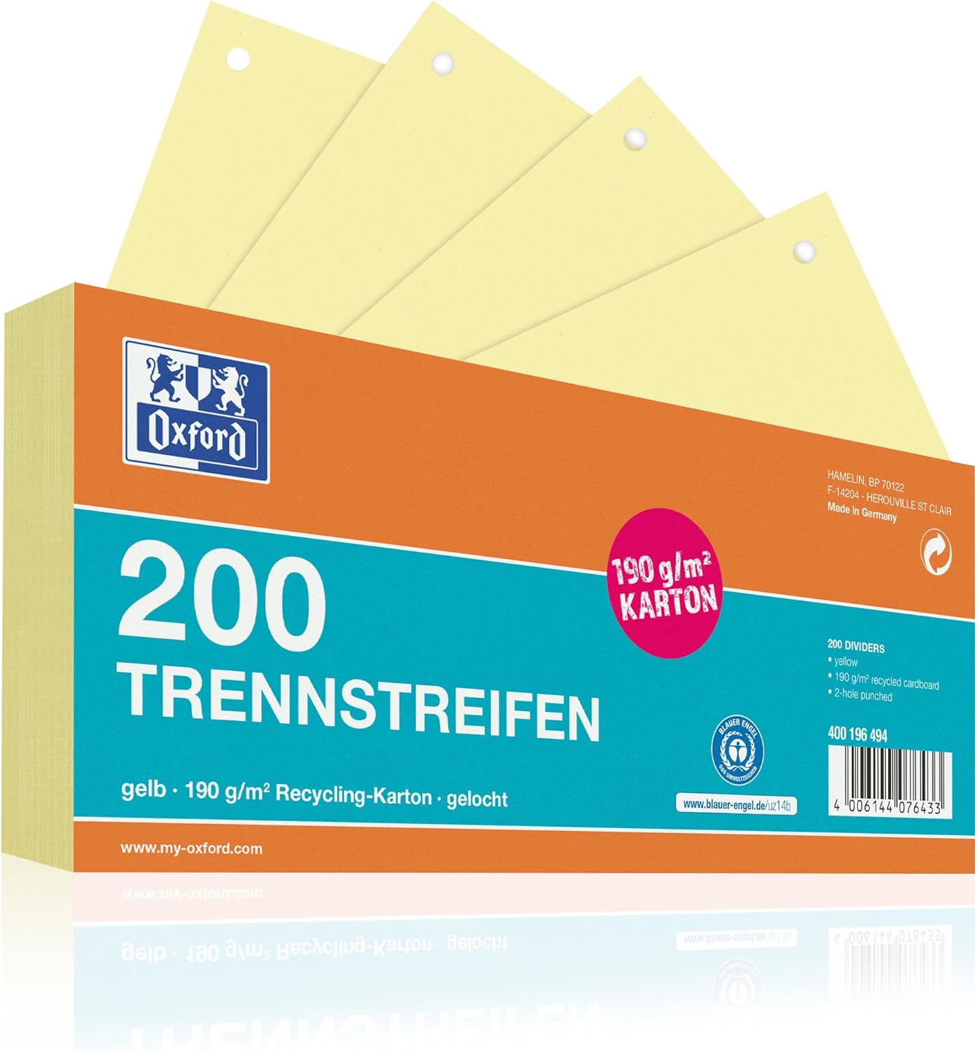 Oxford 200 x Yellow Punched Card Dividers 190gsm