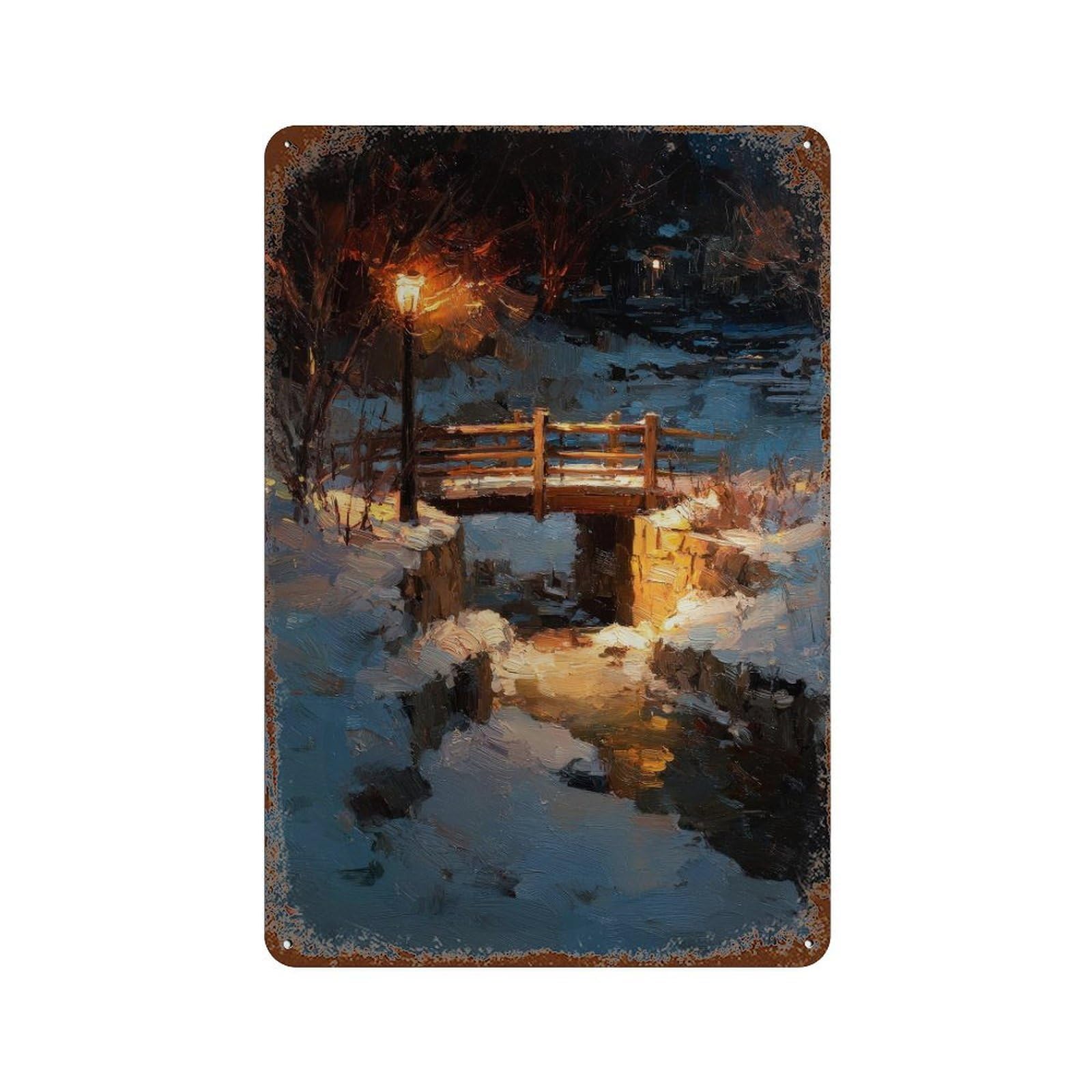 xiaoxiaoshen Winter Bridge Scene. Impressionist Snowy Landscape Wall Decor Art Metal Tin Poster Modern Home Decor Art Home Bar Shop Decorations Vintage Sign 30x20cm