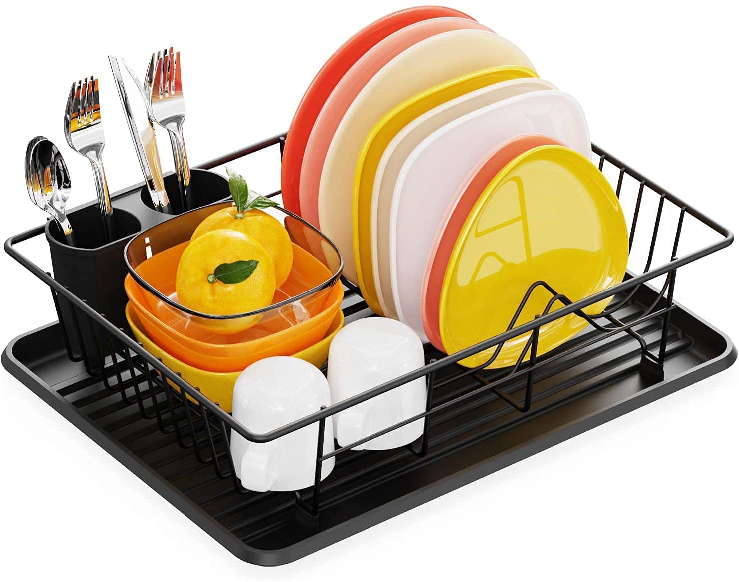 Dish Drying Rack Stand with Utensil Holder (Black )