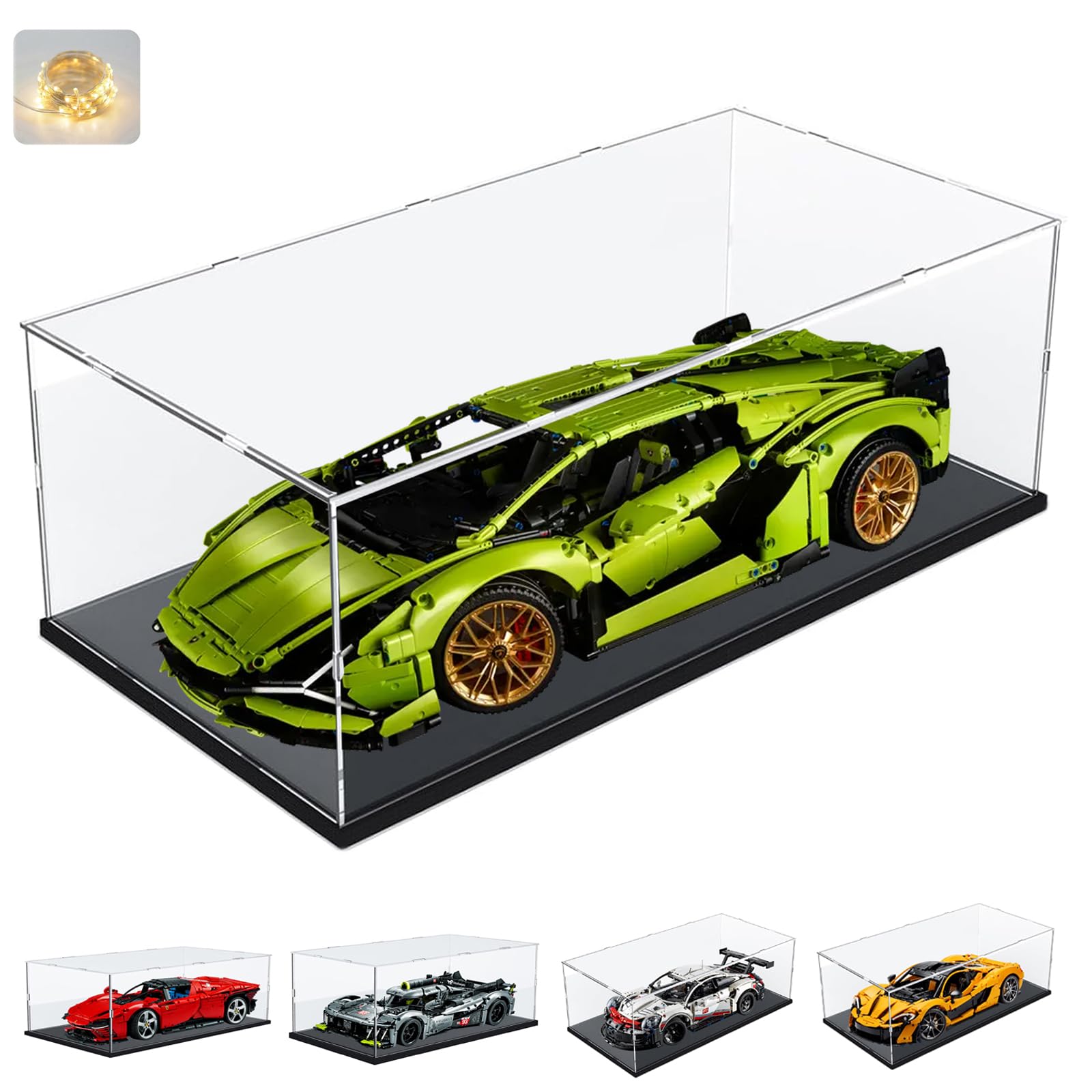 Thickened Clear Acrylic Display Case with Wood-Plastic Base for Lego BTS Dynamite 42096 42083 42056 Figures Transparent Box Organizer Protection, Black Inside 23.6X11.8X7.9inch