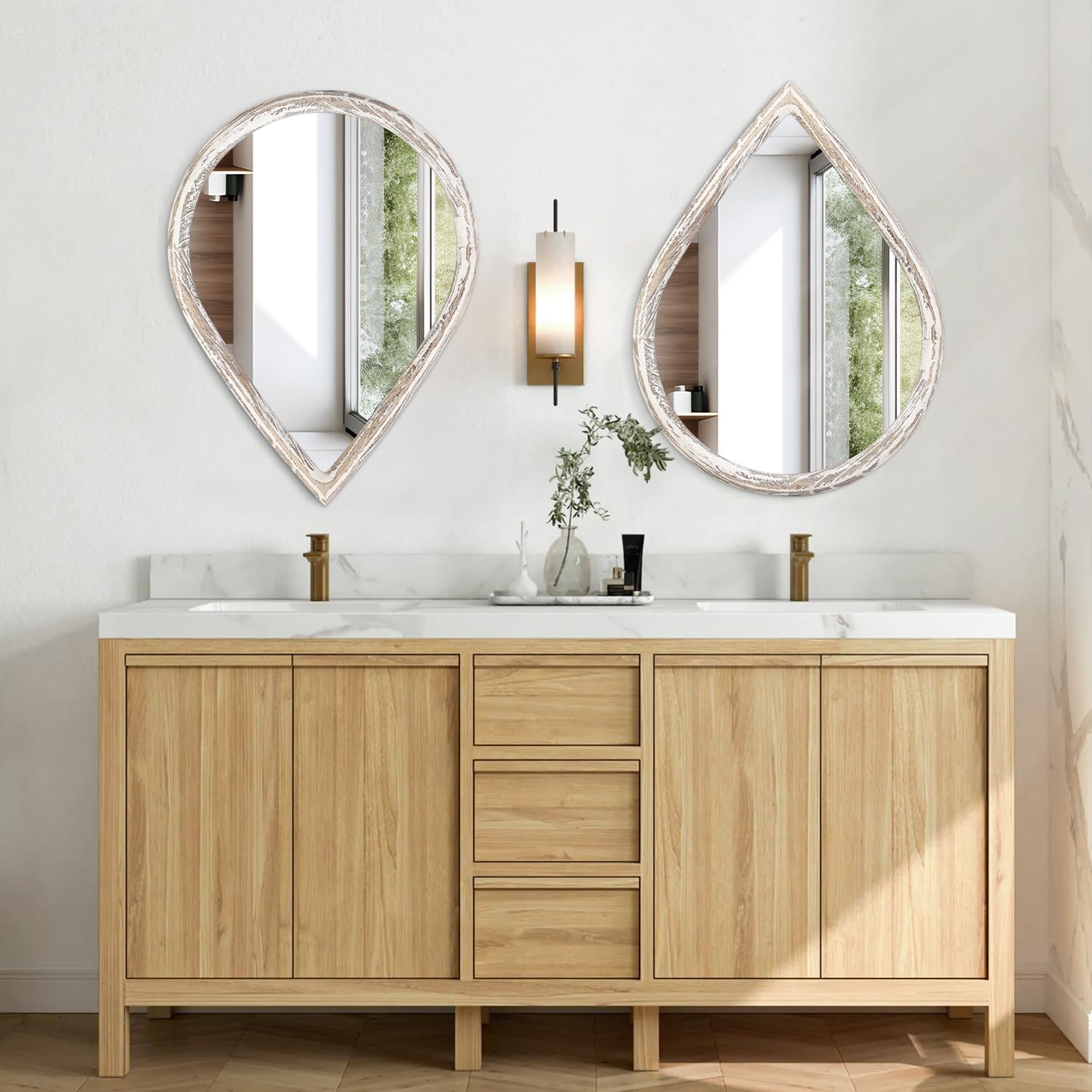 Specchi a goccia con cornice in legno rustico bianco da appendere alla parete, grande specchio decorativo per soggiorno, bagno, ingresso, 65 x 45 cm